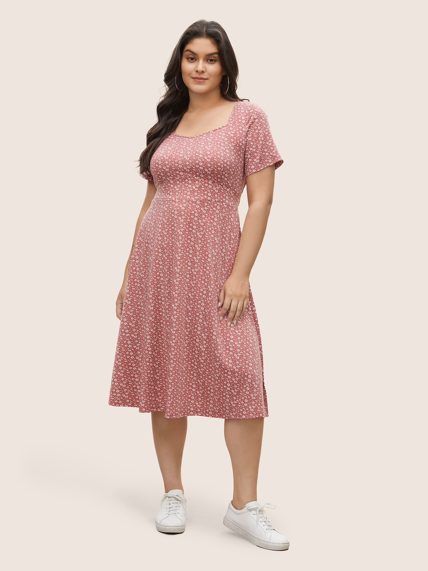 

Plus Size Supersoft Essentials Ditsy Floral Pocket Elastic Waist Dress Watermelon Women Non Curvy Midi Dress BloomChic