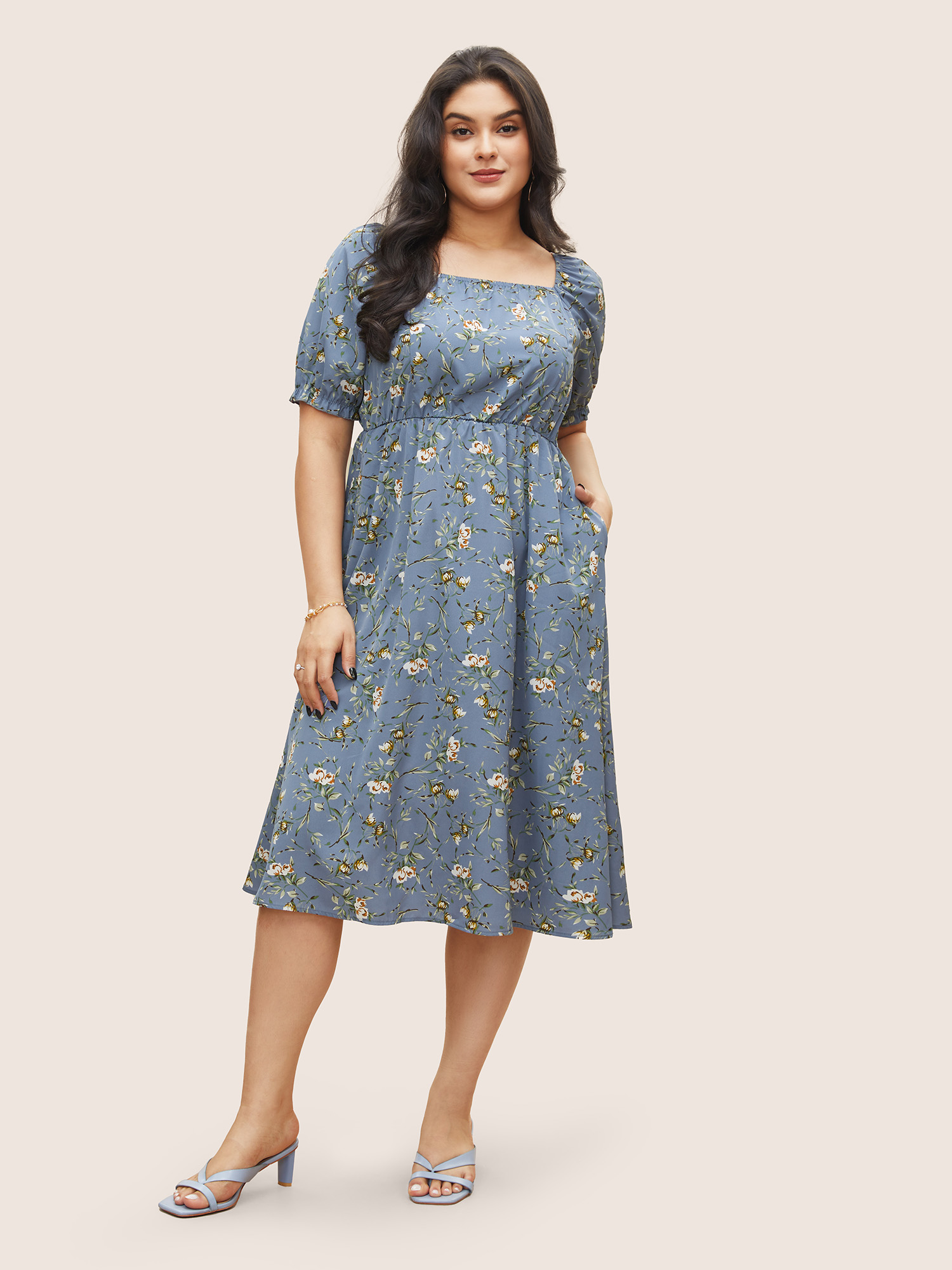 

Plus Size Ditsy Floral Square Neck Elastic Waist Gathered Dress Stone Women Elegant Non Square Neck Short sleeve Curvy Midi Dress BloomChic