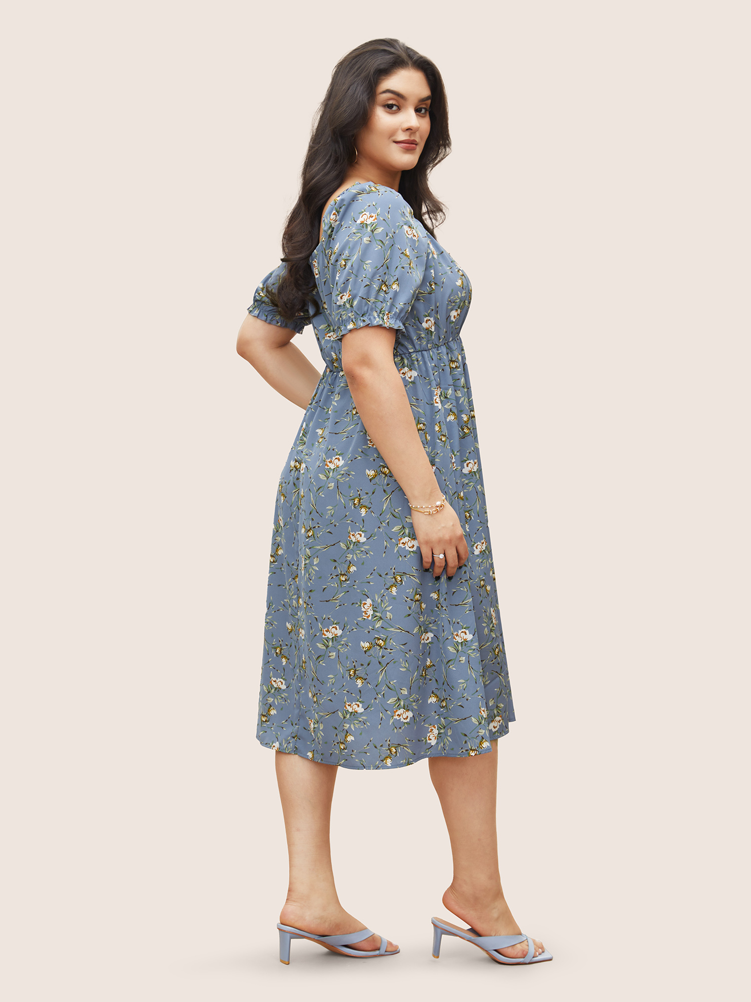 

Plus Size Ditsy Floral Square Neck Elastic Waist Gathered Dress Stone Women Elegant Non Square Neck Short sleeve Curvy Midi Dress BloomChic