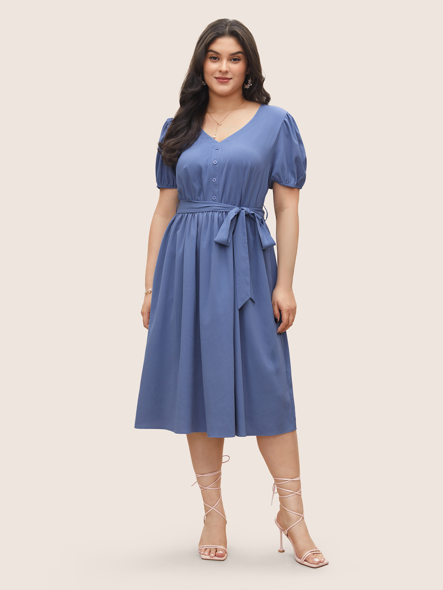 Plus Size Solid Button Detail Belted Elastic Waist Dress Stone Women At the Office Non V-neck Short sleeve Curvy Midi Dress BloomChic 14-16/1X 