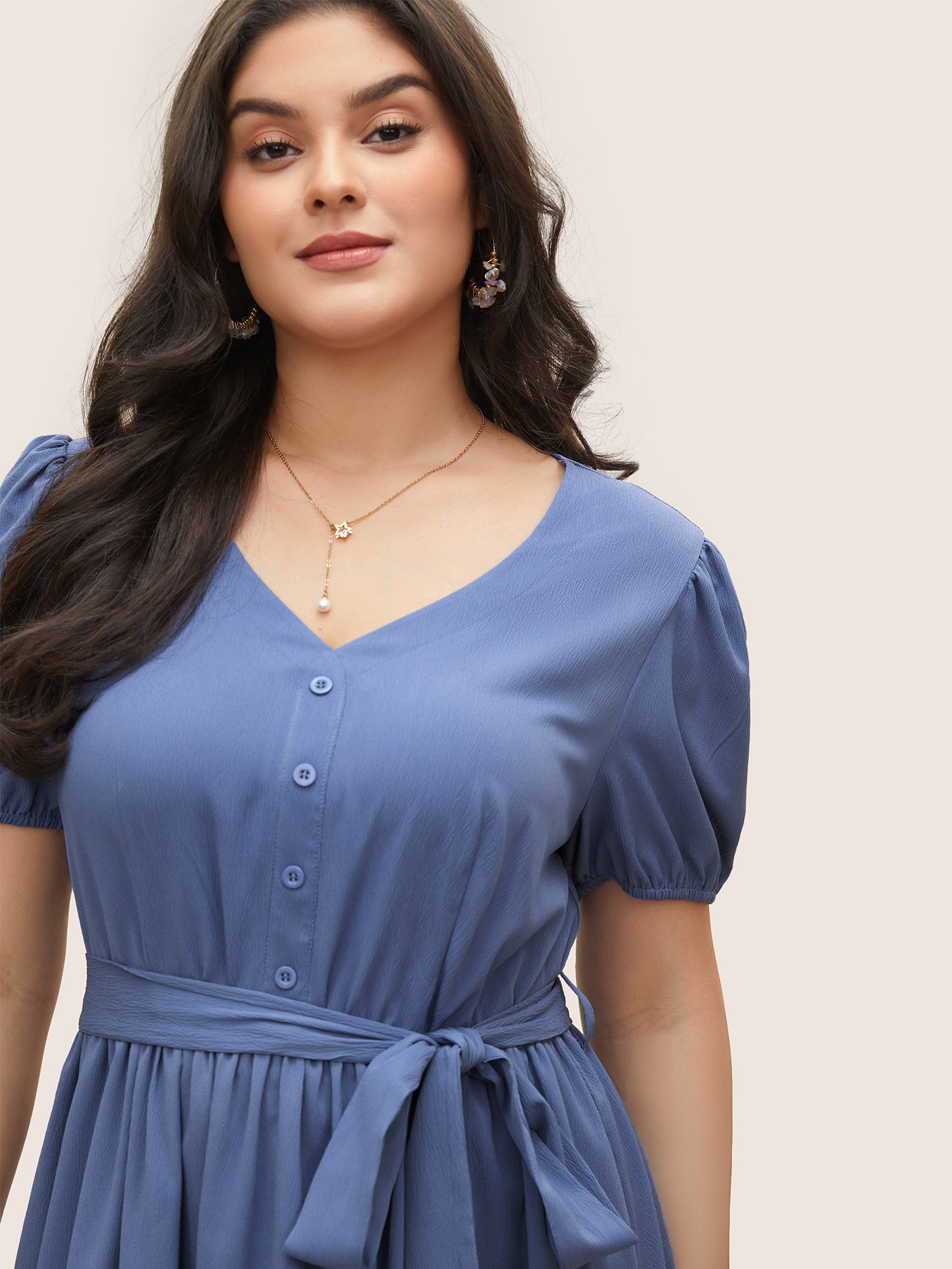 Plus Size Solid Button Detail Belted Elastic Waist Dress Stone Women At the Office Non V-neck Short sleeve Curvy Midi Dress BloomChic 14-16/1X 