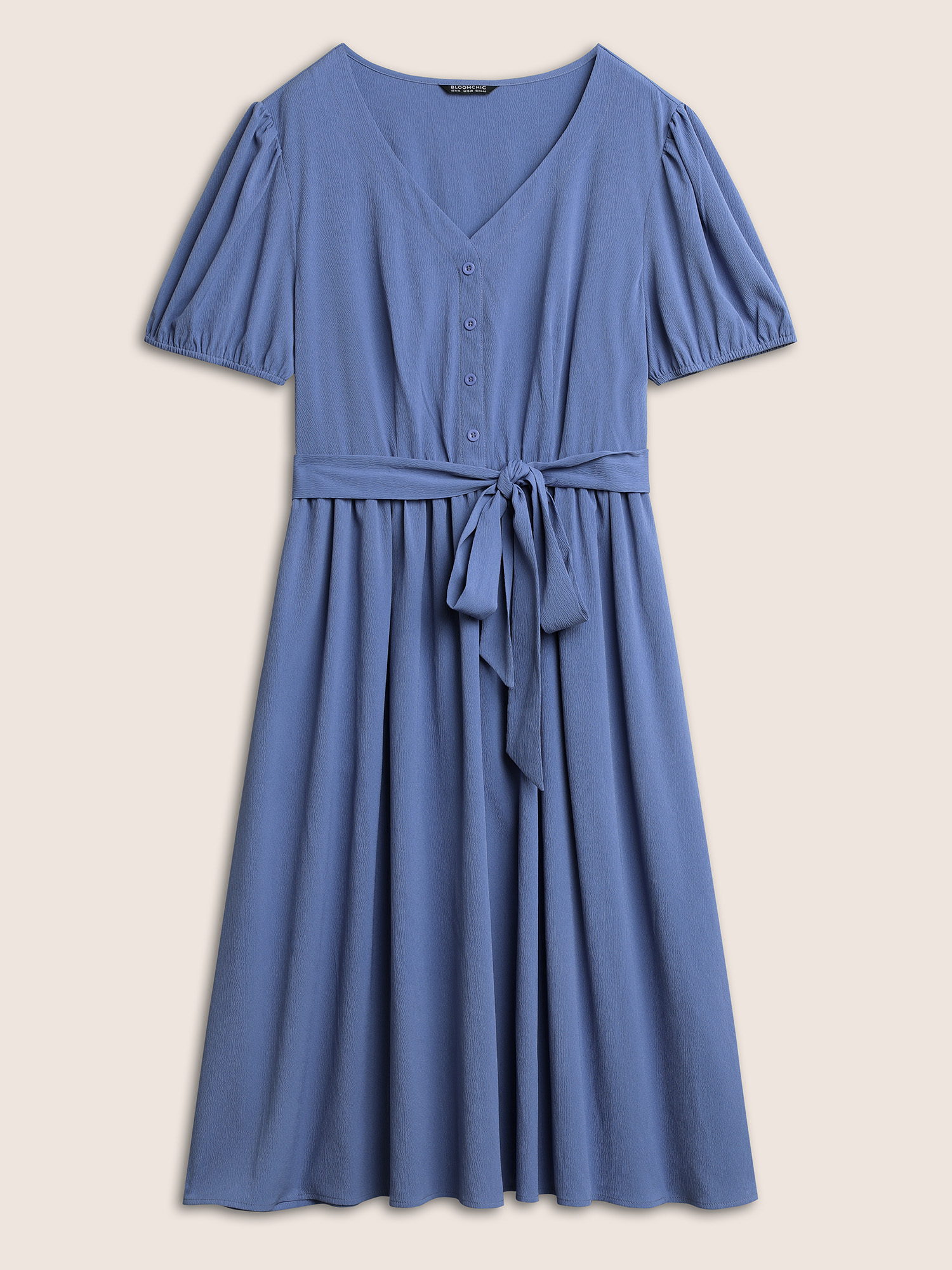 Plus Size Solid Button Detail Belted Elastic Waist Dress Stone Women At the Office Non V-neck Short sleeve Curvy Midi Dress BloomChic 14-16/1X 