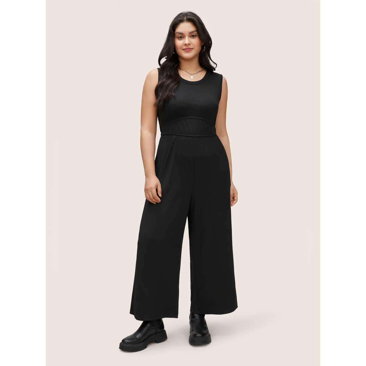 

Plus Size Black Solid Rib Knit Pocket Seam Detail Tank Jumpsuit Women Casual Everyday Loose Jumpsuits BloomChic