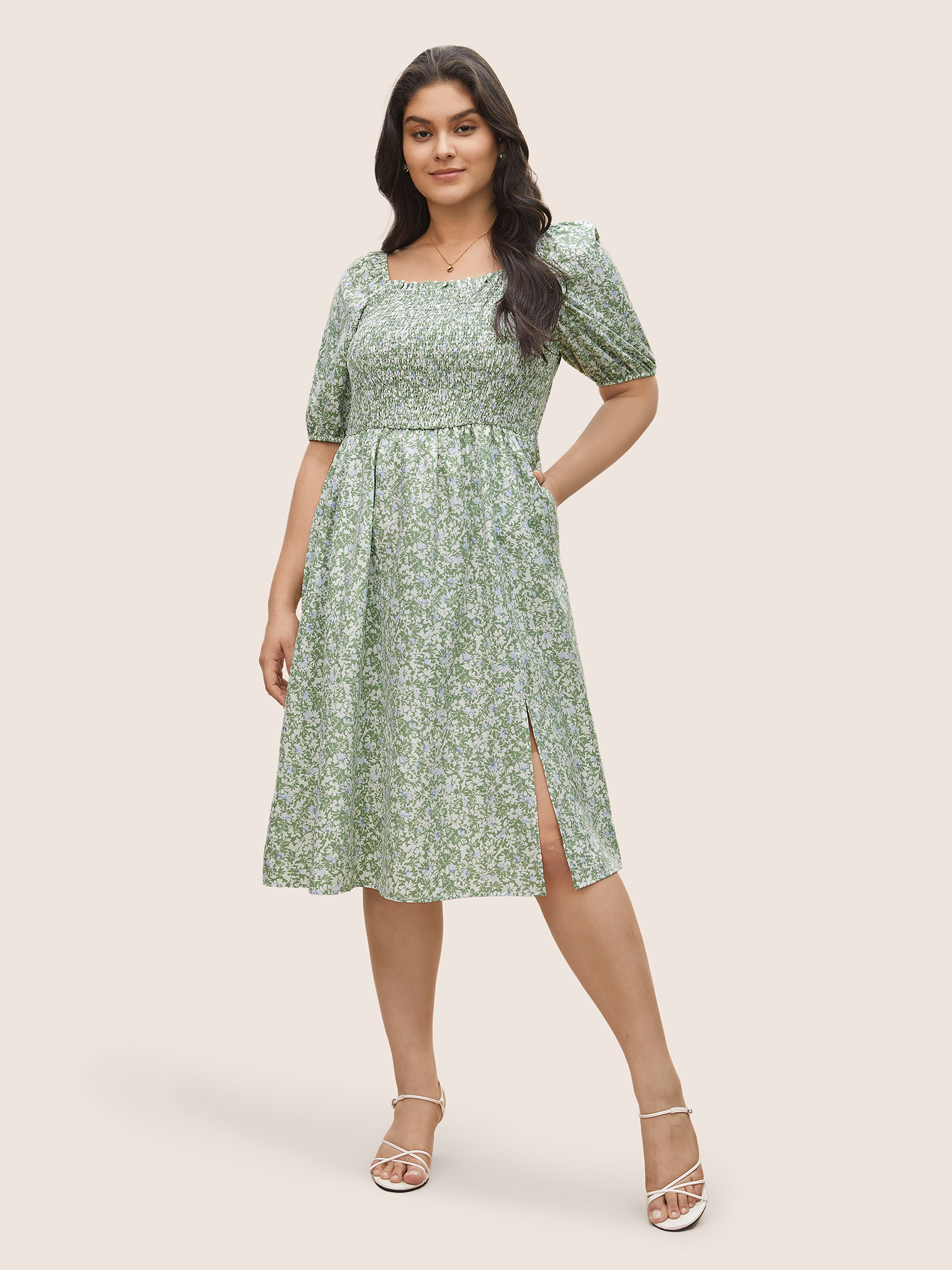 

Plus Size Ditsy Floral Shirred Elastic Waist Split Hem Dress LightGreen Women Elegant Non Square Neck Short sleeve Curvy Midi Dress BloomChic