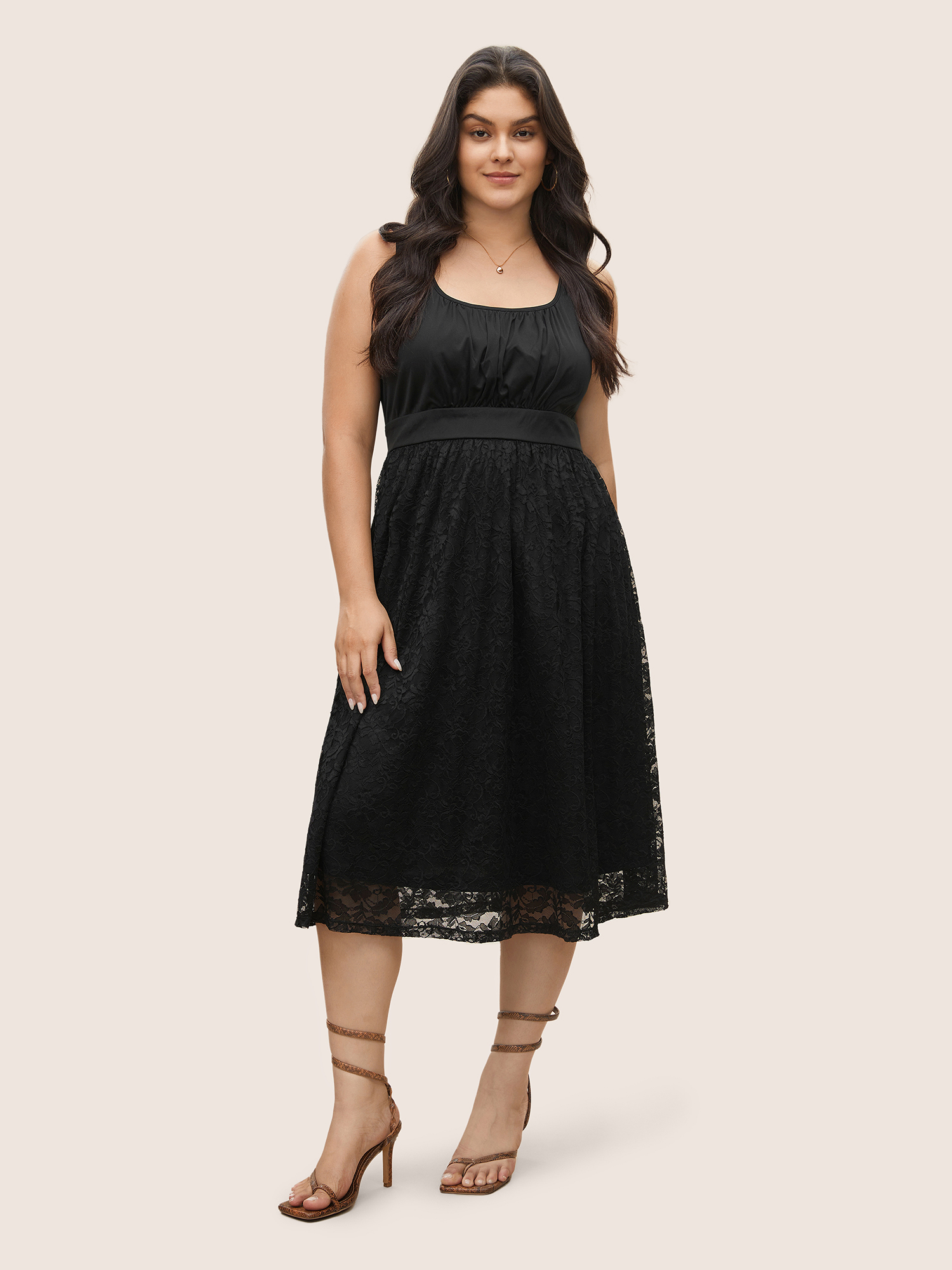 

Plus Size Lace Panel Gathered Front Tank Dress Black Women Elegant Non Square Neck Sleeveless Curvy Midi Dress BloomChic