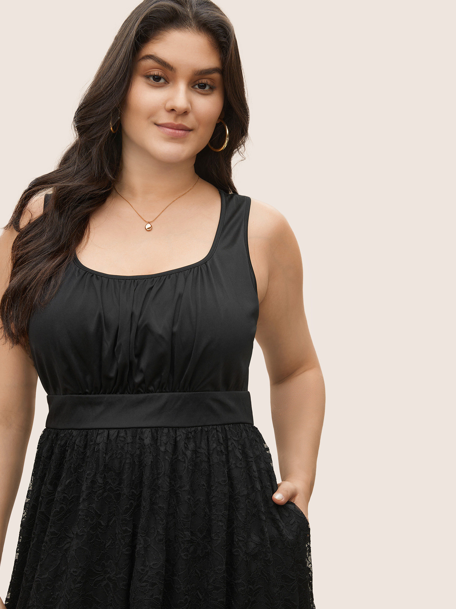 

Plus Size Lace Panel Gathered Front Tank Dress Black Women Elegant Non Square Neck Sleeveless Curvy Midi Dress BloomChic