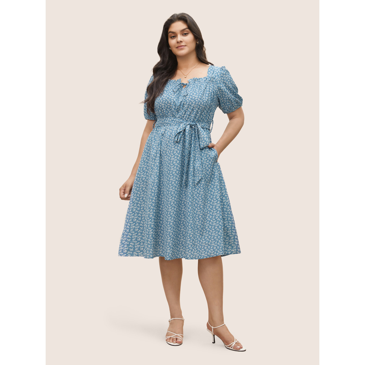 

Plus Size Ditsy Floral Tie Neck Frill Trim Belted Dress Cerulean Women Non V-neck Curvy Midi Dress BloomChic