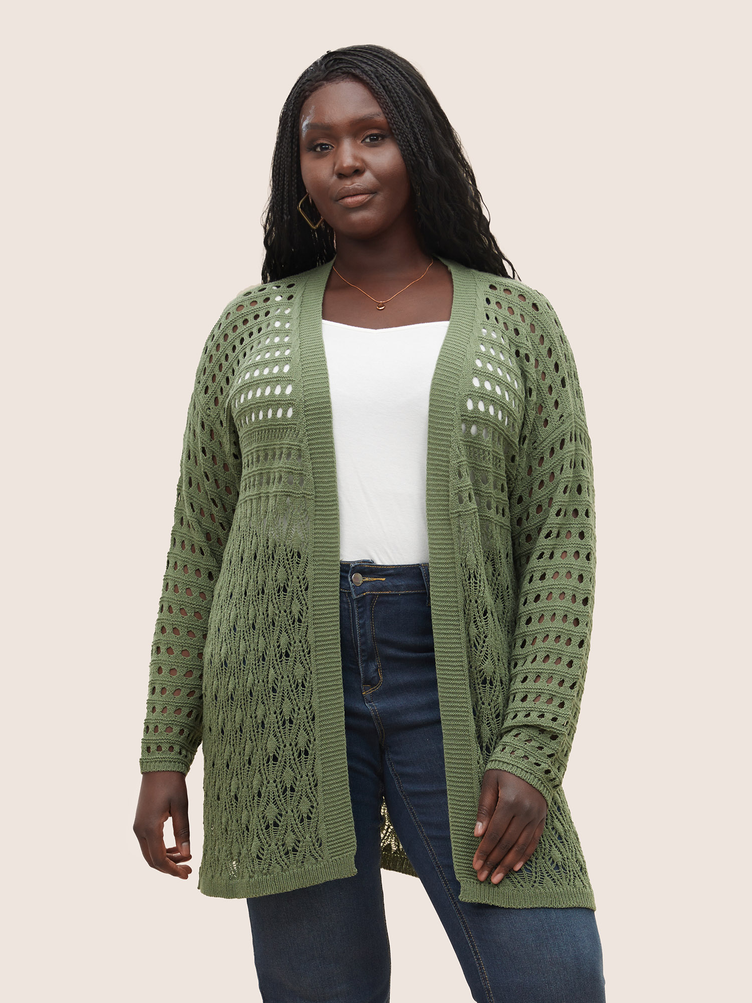 

Plus Size Plain Texture Cut Out Open Front Cardigan Moss Women Everyday Casual Cover Ups Bloomchic