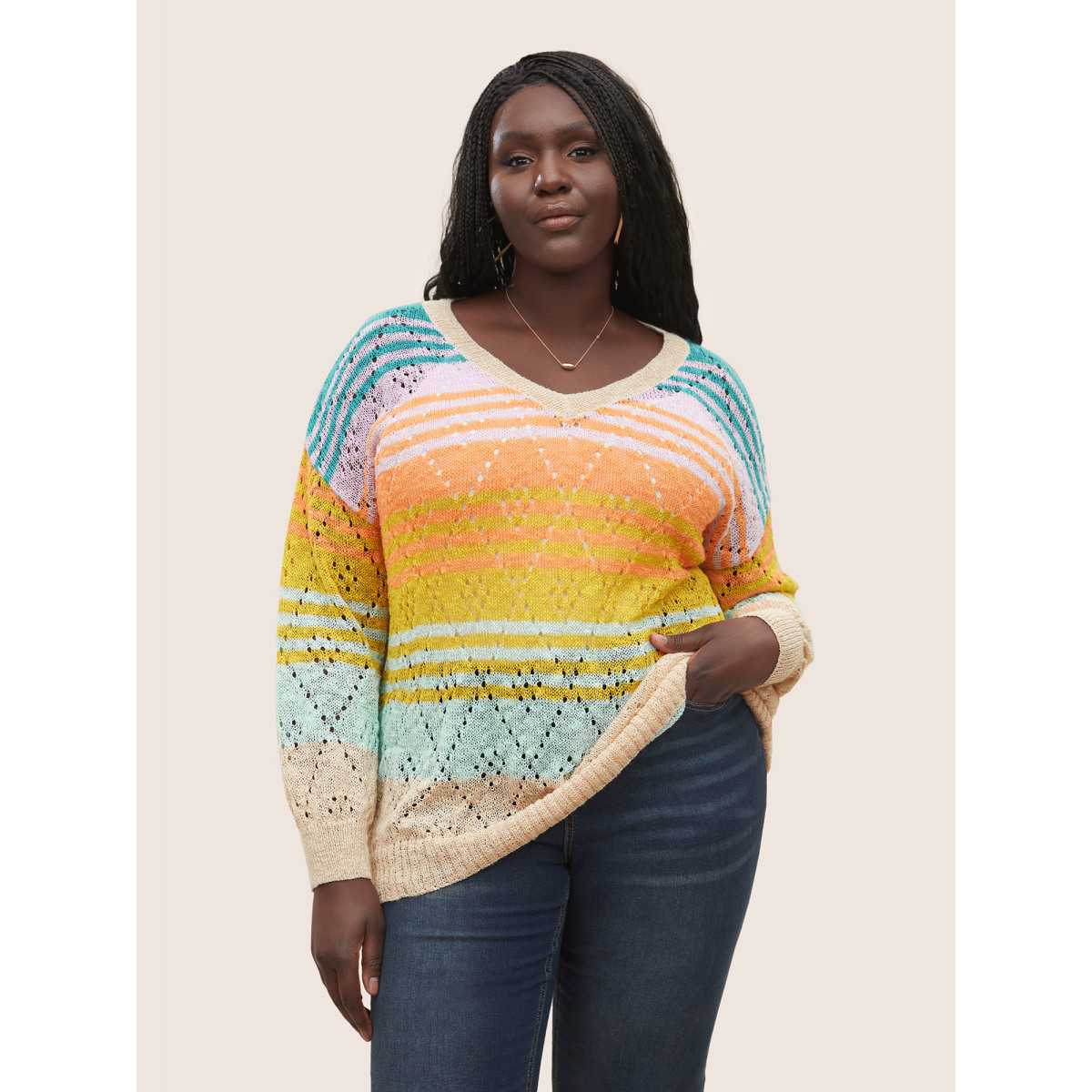

Color Striped Hollow Out Sweater T-shirt Plus Size Multicolor Women Contrast Geometric V-neck Long Sleeve  Bloomchic