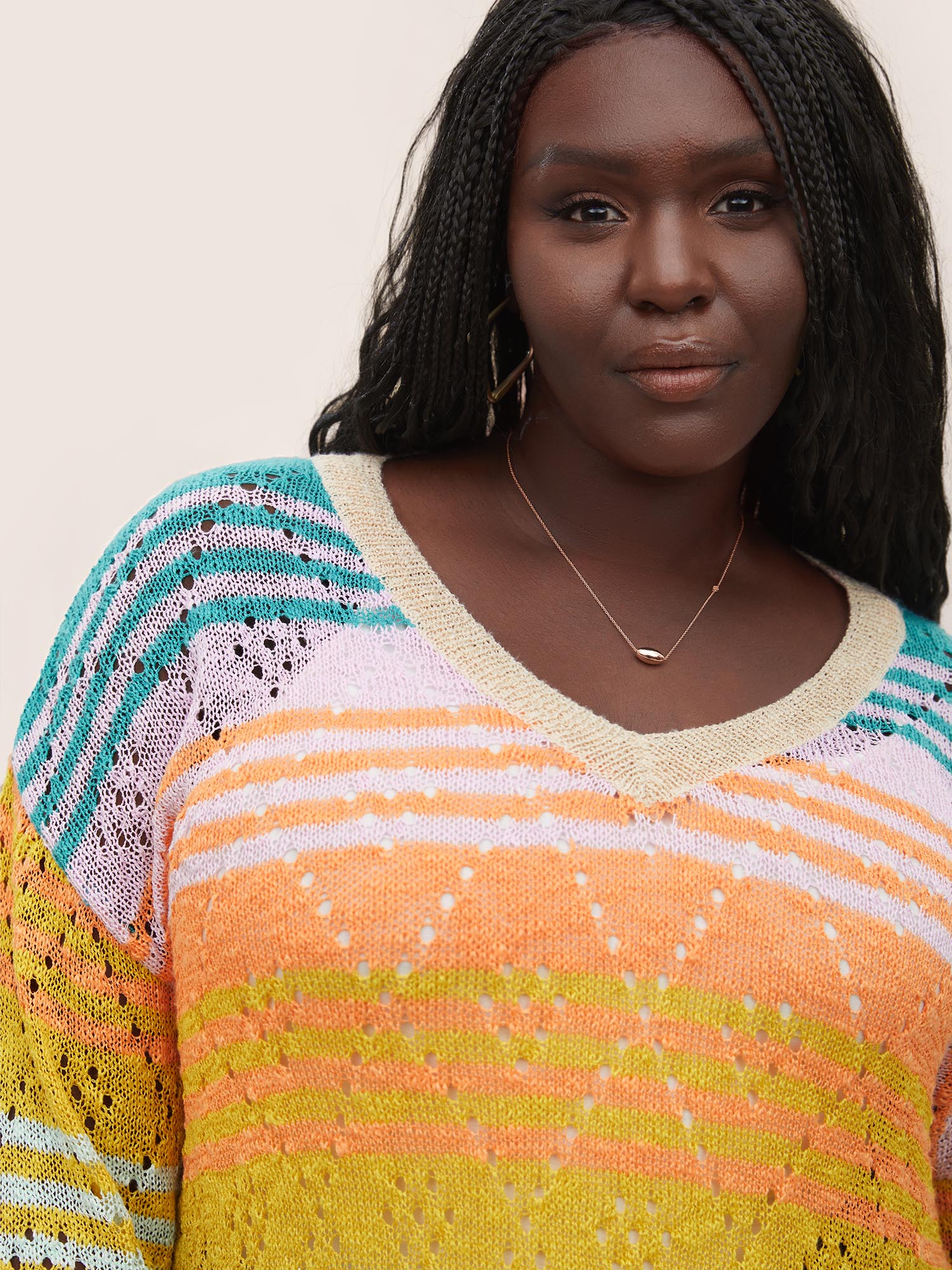 Plus Size Color Striped Hollow Out Sweater T-shirt Multicolor Long Sleeve V-neck Casual Knit Tops 28/5X Bloomchic 