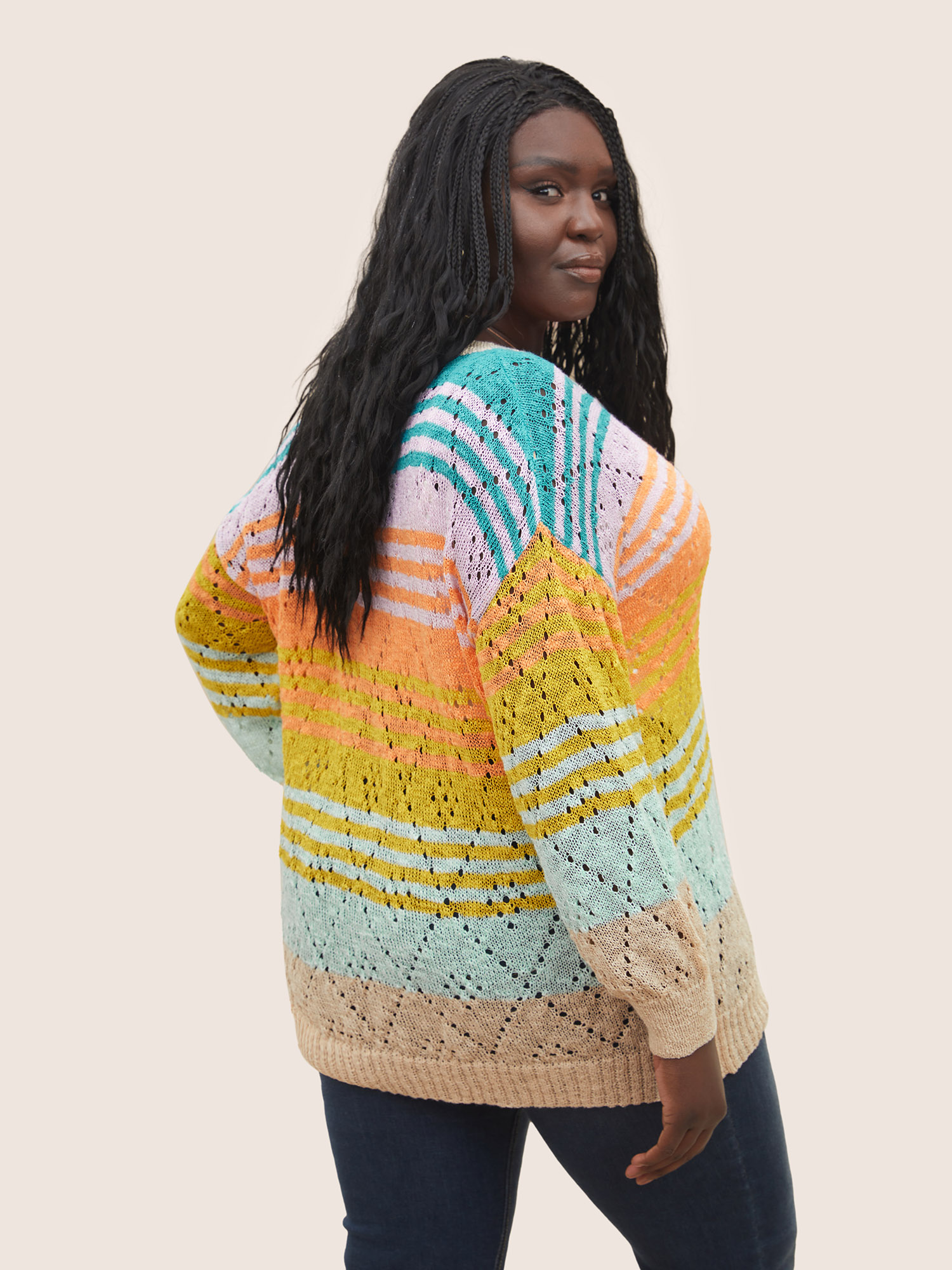 Plus Size Color Striped Hollow Out Sweater T-shirt Multicolor Long Sleeve V-neck Casual Knit Tops 28/5X Bloomchic 