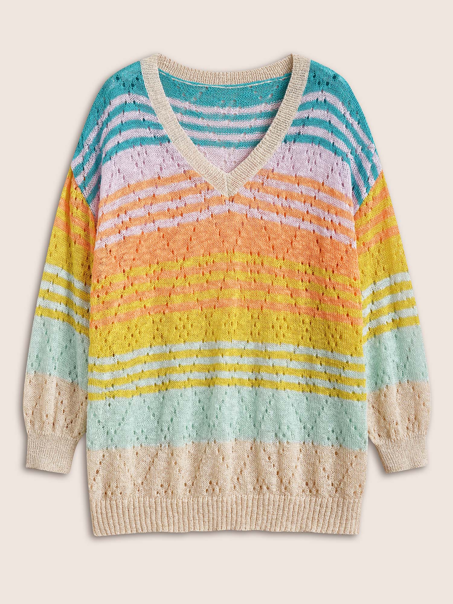 Plus Size Color Striped Hollow Out Sweater T-shirt Multicolor Long Sleeve V-neck Casual Knit Tops 28/5X Bloomchic 