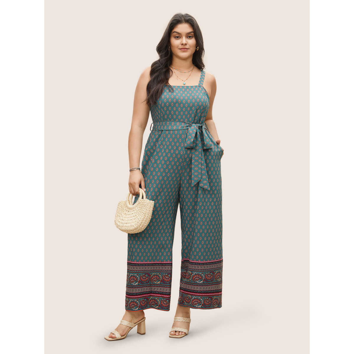 

Plus Size DarkGreen Bandana Print Contrast Patchwork Belted Cami Jumpsuit Women Resort Non Vacation Loose Jumpsuits BloomChic