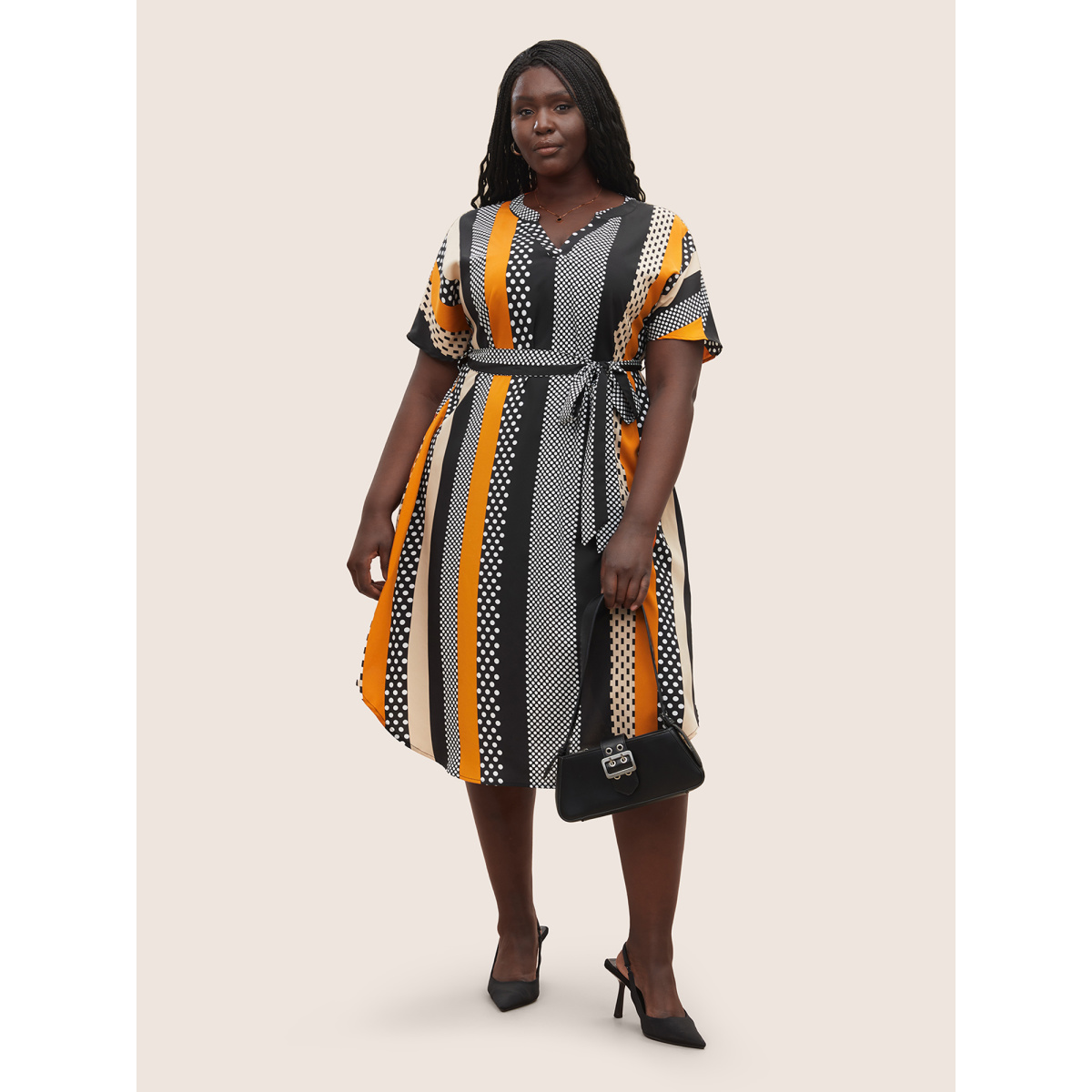

Plus Size Polka Dot & Striped Notched Contrast Belted Dress Black Women Non Curvy Midi Dress BloomChic