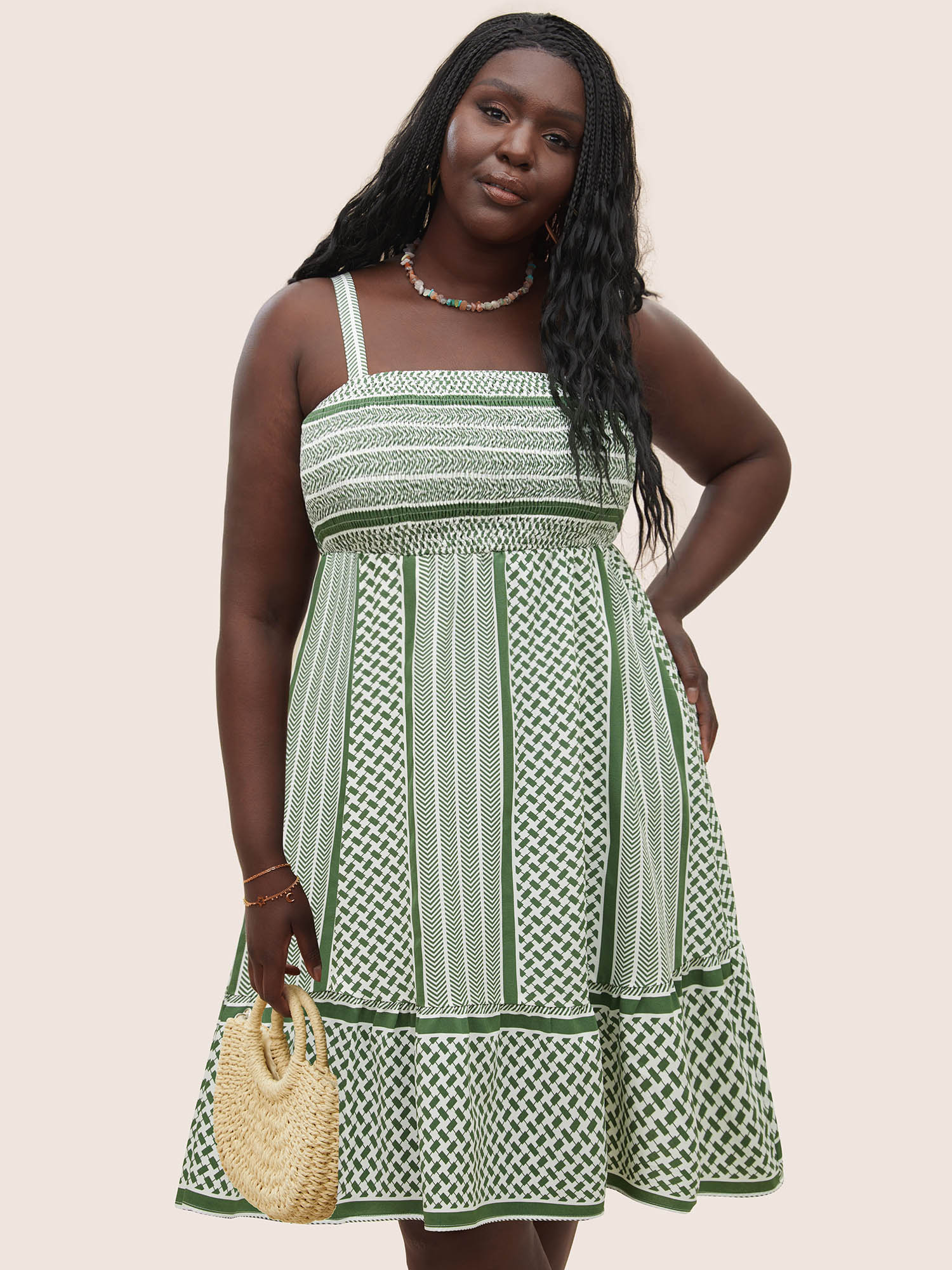 

Plus Size Geometric Patchwork Spaghetti Strap Dress Moss Women Resort Non Non Sleeveless Curvy Midi Dress BloomChic