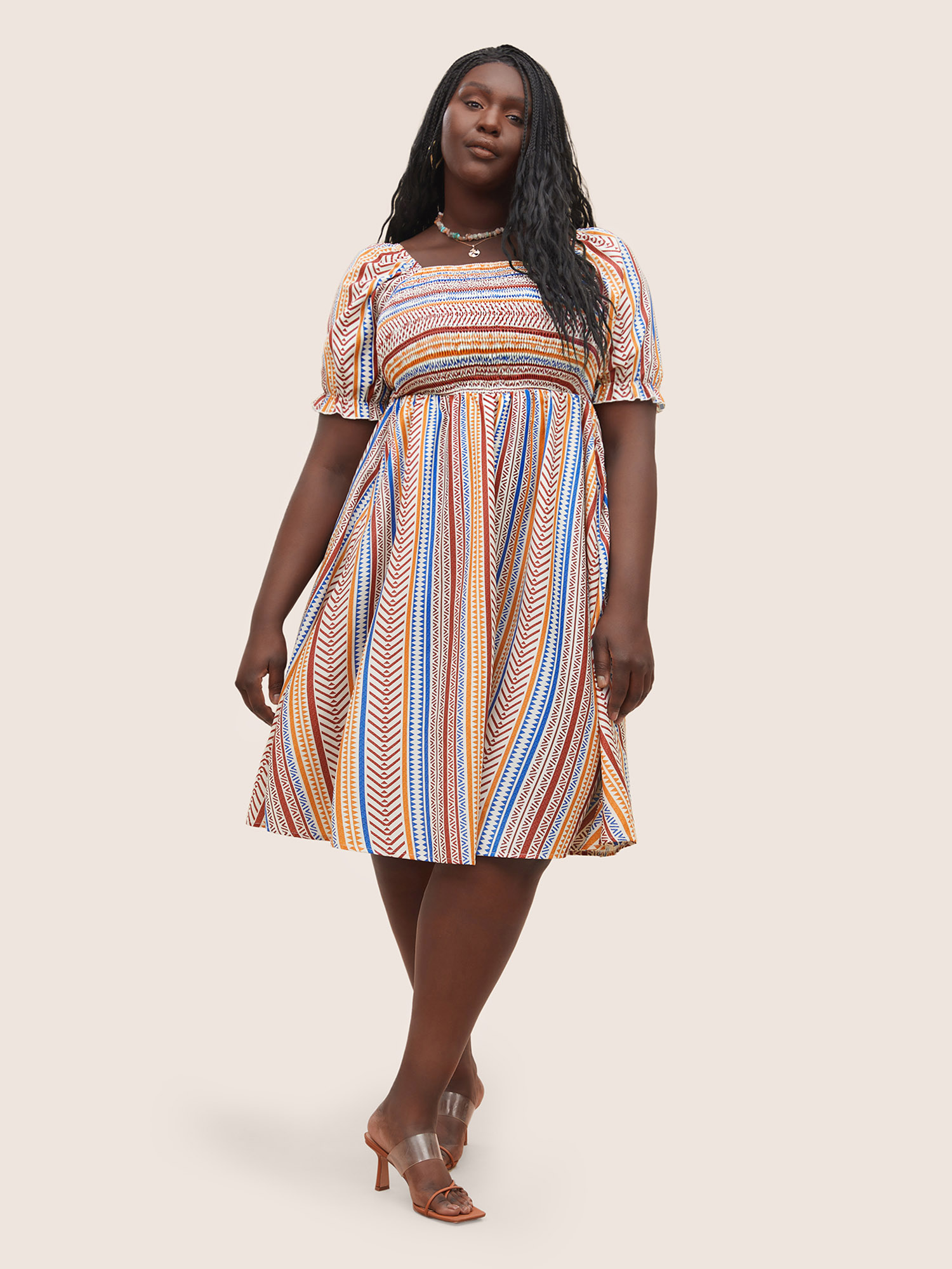 

Plus Size Color Striped Shirred Lantern Sleeve Dress Multicolor Women Resort Non Square Neck Short sleeve Curvy Midi Dress BloomChic