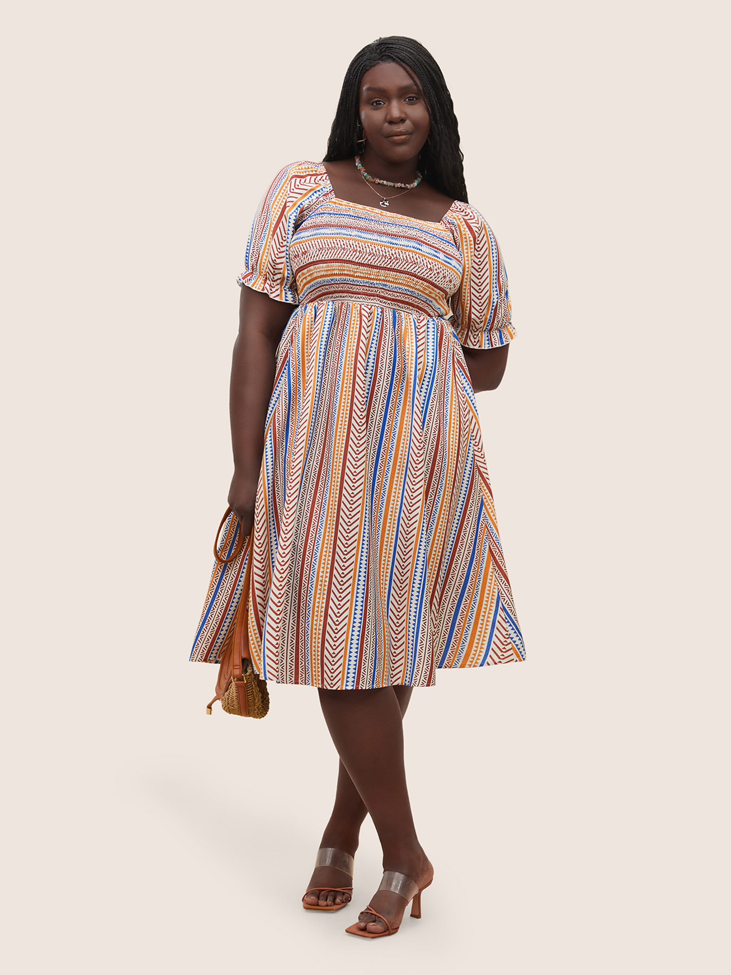 

Plus Size Color Striped Shirred Lantern Sleeve Dress Multicolor Women Resort Non Square Neck Short sleeve Curvy Midi Dress BloomChic