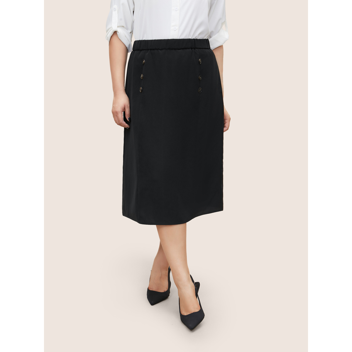 

Plus Size Plain Button Detail Pocket Elastic Waist Cropped Skirt Women Black Workwear Essentials Non No stretch Slanted pocket Work Skirts BloomChic