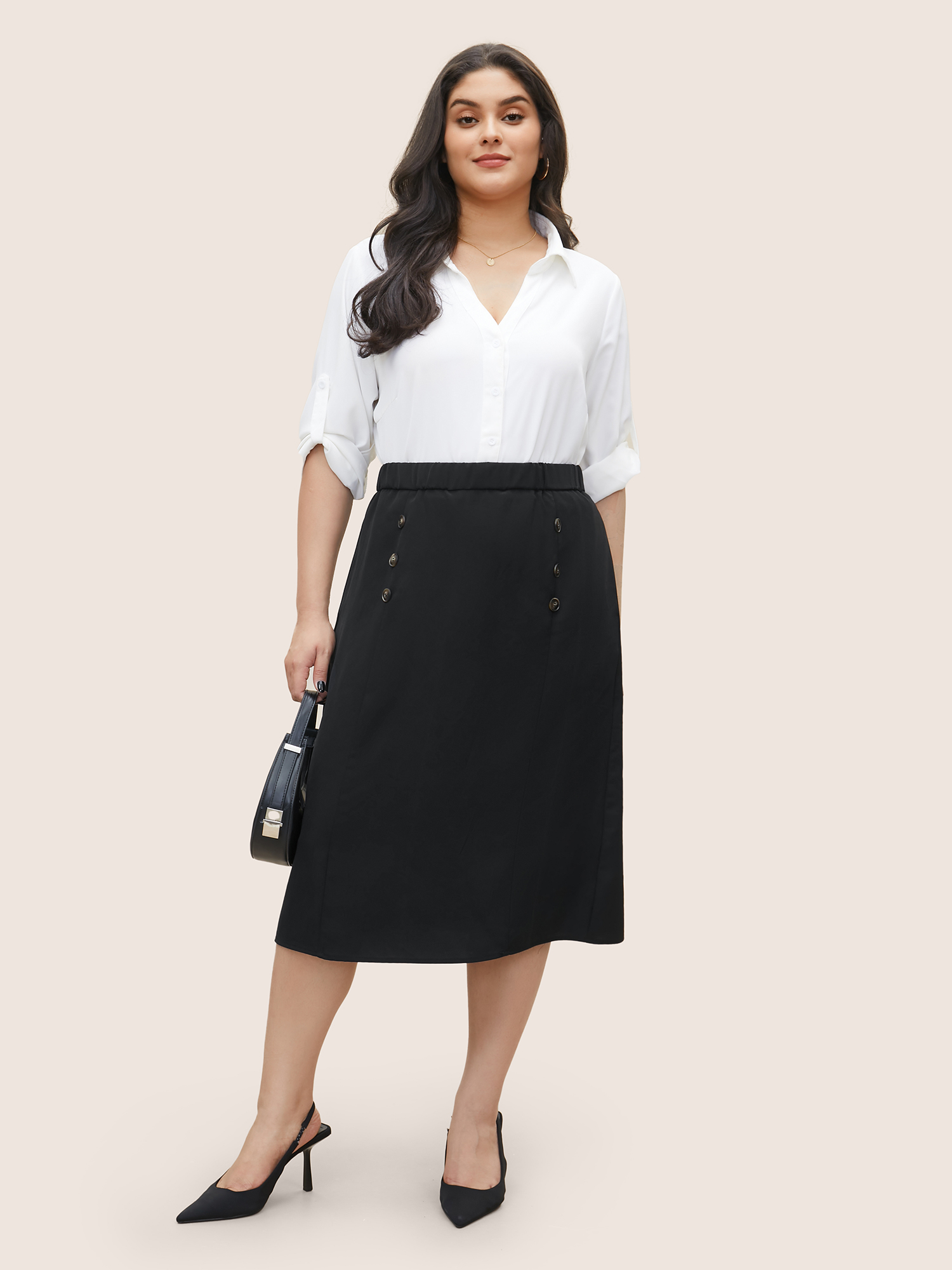 

Plus Size Plain Button Detail Pocket Elastic Waist Cropped Skirt Women Black Workwear Essentials Non No stretch Slanted pocket Work Skirts BloomChic