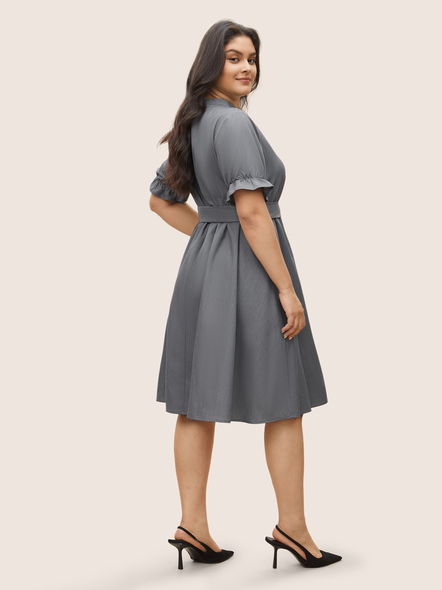 

Plus Size Notched Button Detail Elastic Waist Belted Dress Gray Women Non Curvy Midi Dress BloomChic