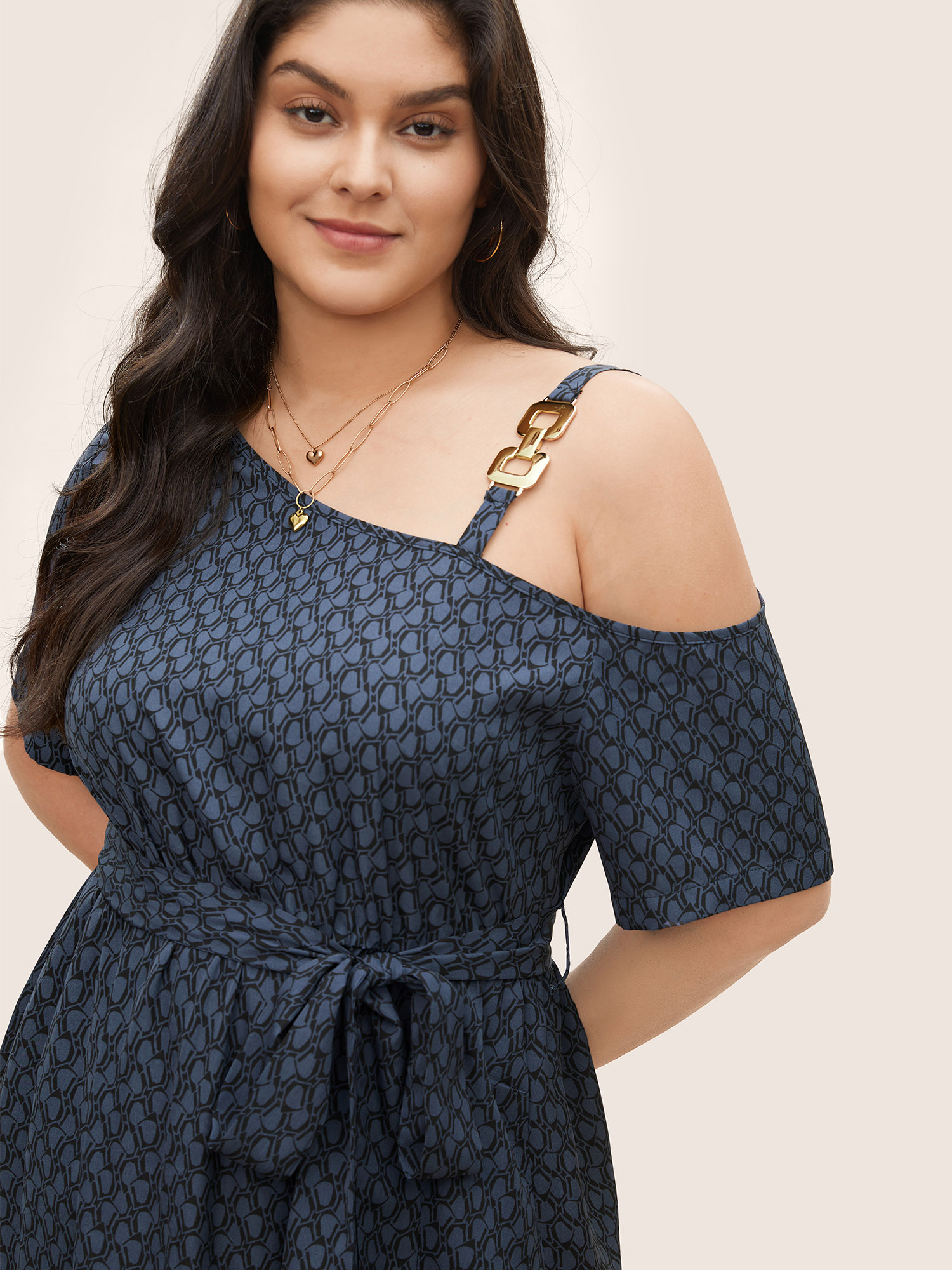 Plus Size Geometric Metal Chain Detail Belted Dress SlateGray Women Non Non Curvy Knee Dress BloomChic 14-16/1X 