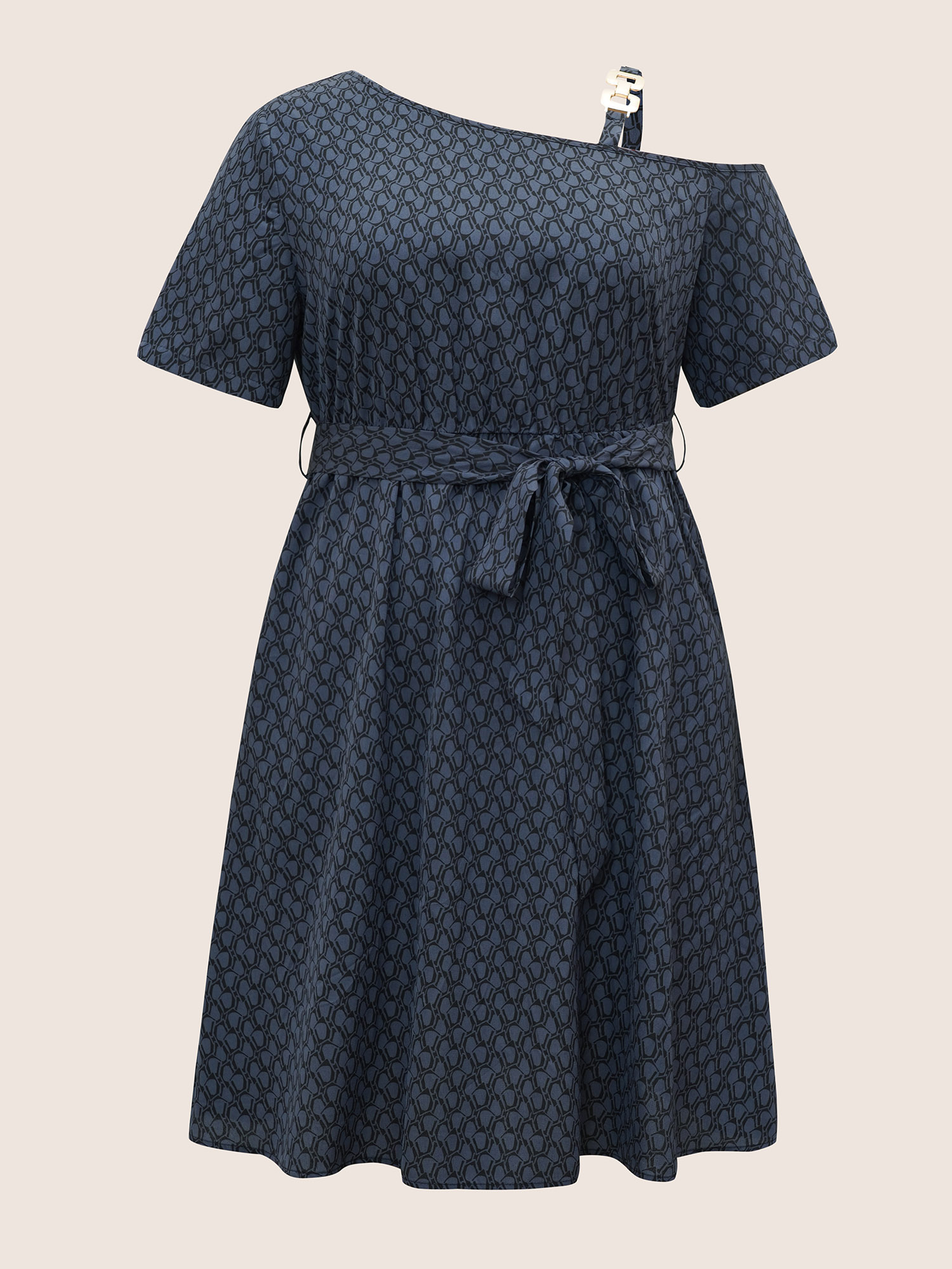 Plus Size Geometric Metal Chain Detail Belted Dress SlateGray Women Non Non Curvy Knee Dress BloomChic 14-16/1X 