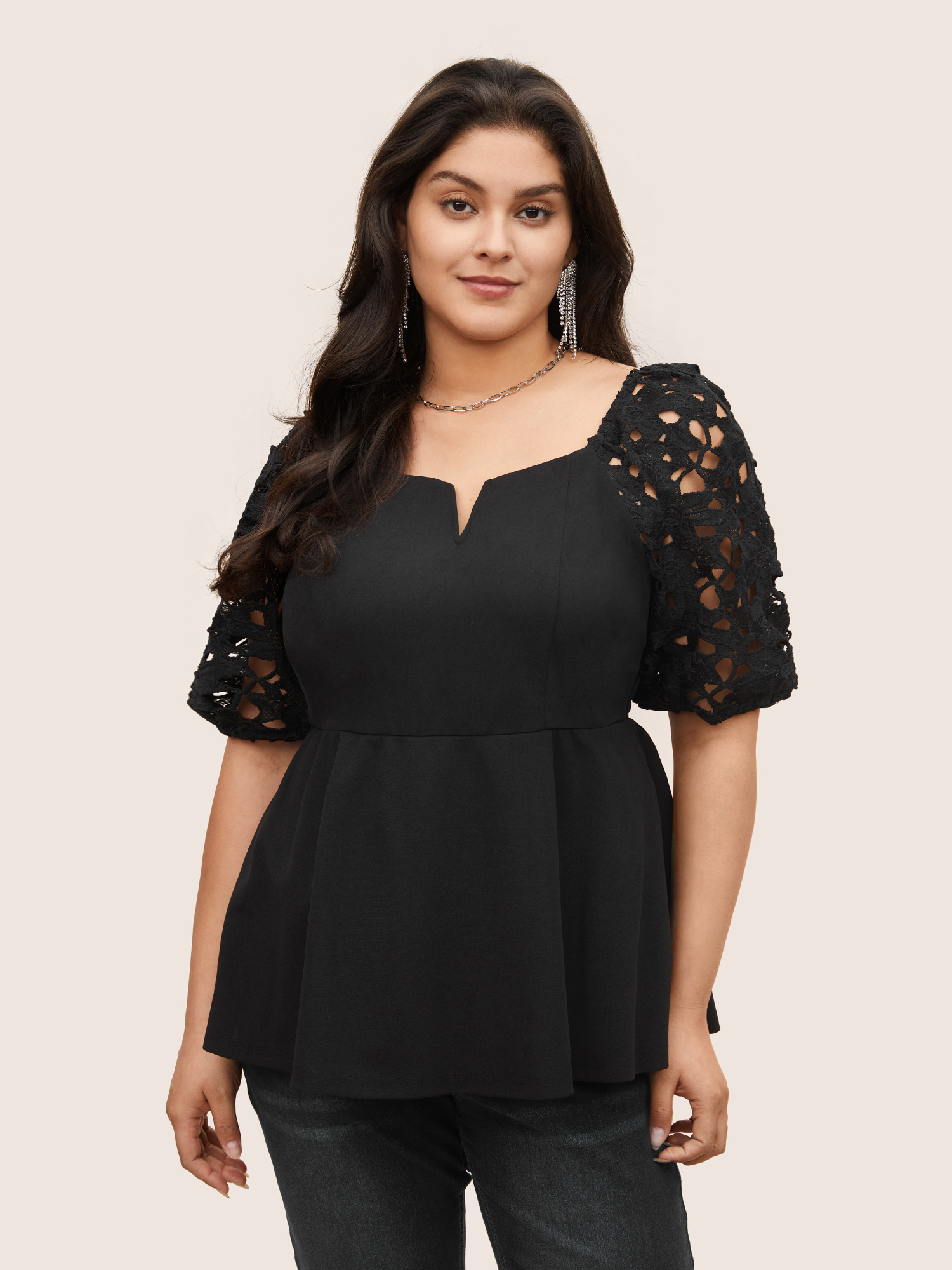 

Plus Size Black Lace Panel Cut Out Notched Blouse Women Elegant Short sleeve Notched collar Everyday Blouses BloomChic