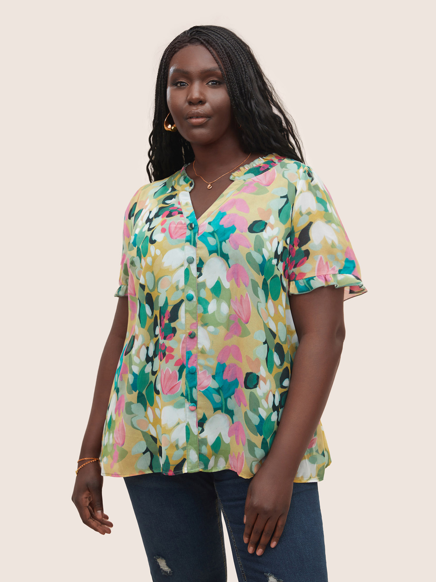 

Plus Size Green Floral Print Frill Trim Button Detail Blouse Women Resort Short sleeve V-neck Vacation Blouses BloomChic