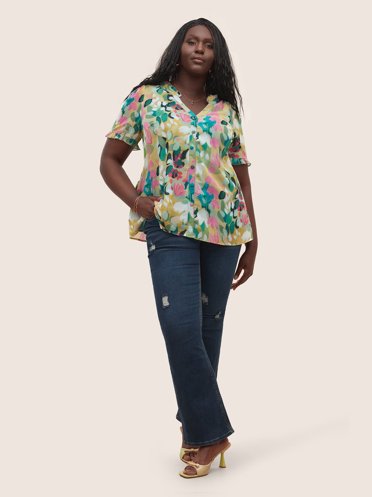 Plus Size Green Floral Print Frill Trim Button Detail Blouse Women Resort Short sleeve V-neck Vacation Blouses BloomChic 26/4X 