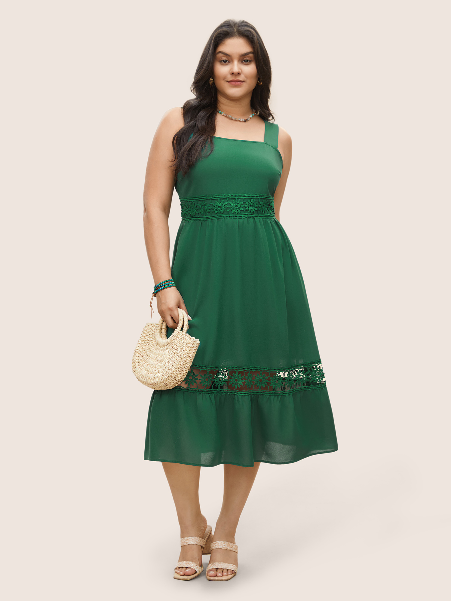Plus Size Plain Elastic Waist Cut Out Lace Patchwork Dress Emerald Women Non Non Sleeveless Curvy Midi Dress BloomChic 14-16/1X 