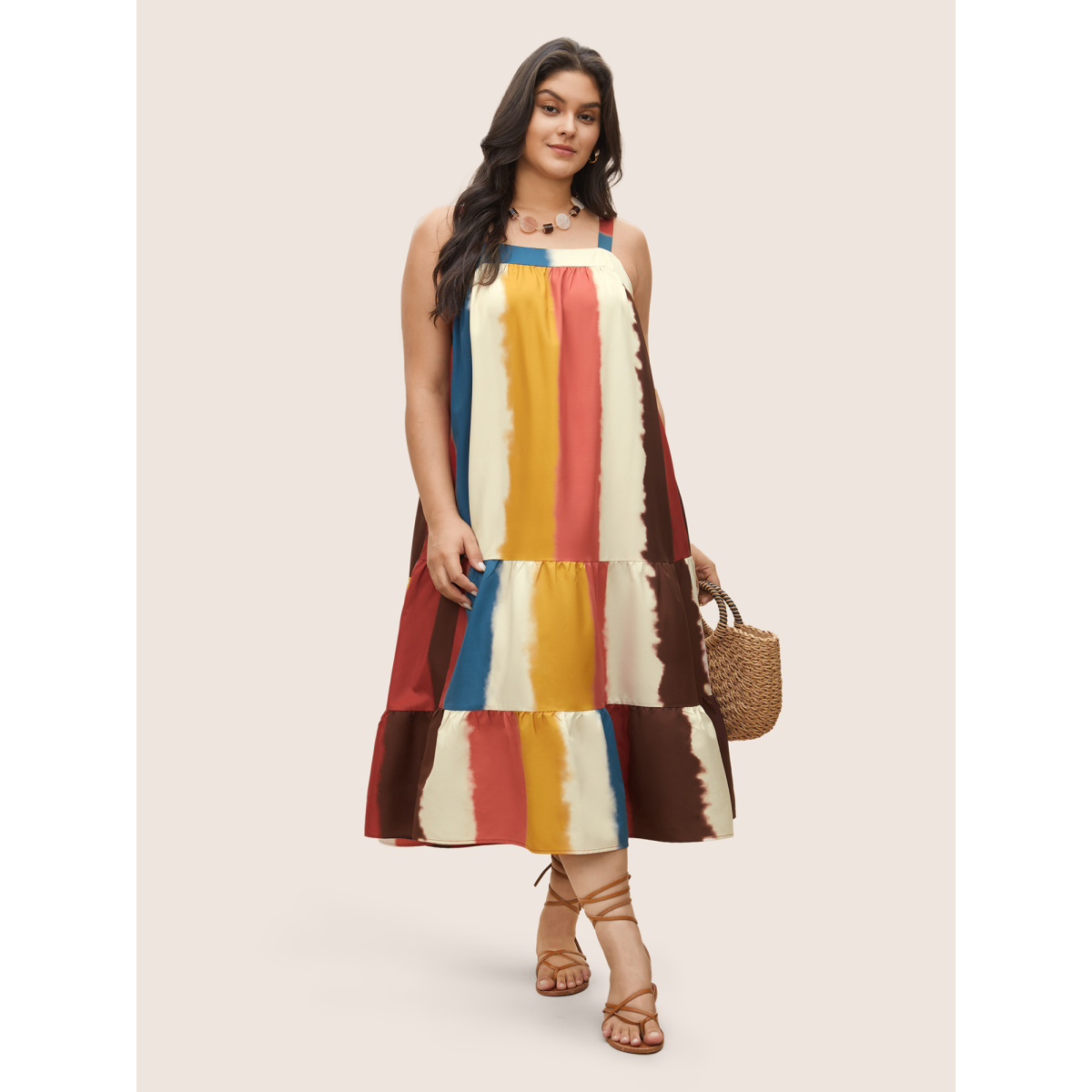 

Plus Size Colored Colorblock Tiered Patchwork Cami Dress Multicolor Women Non Non Curvy Midi Dress BloomChic