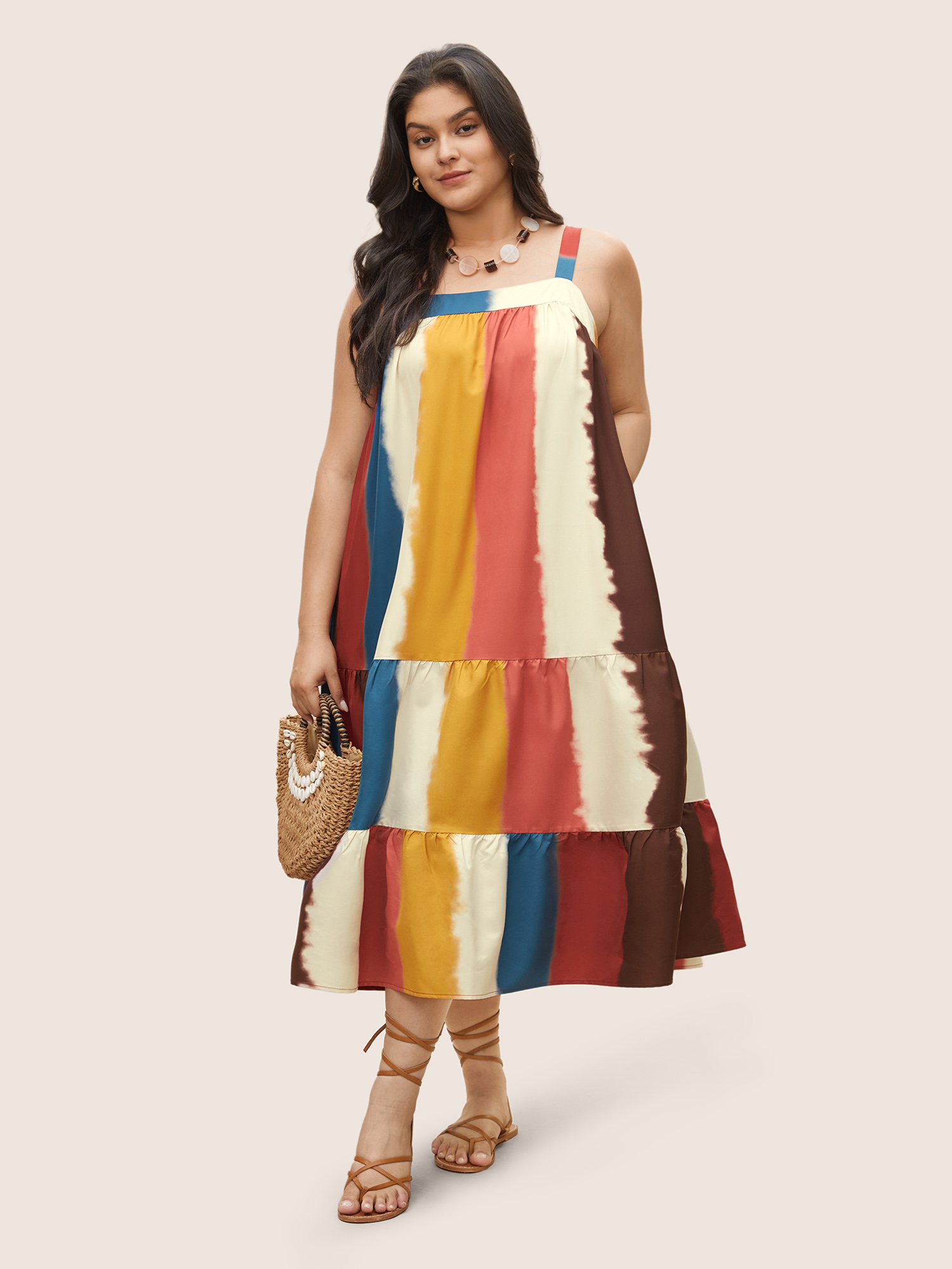 

Plus Size Colored Colorblock Tiered Patchwork Cami Dress Multicolor Women Resort Non Non Sleeveless Curvy Midi Dress BloomChic