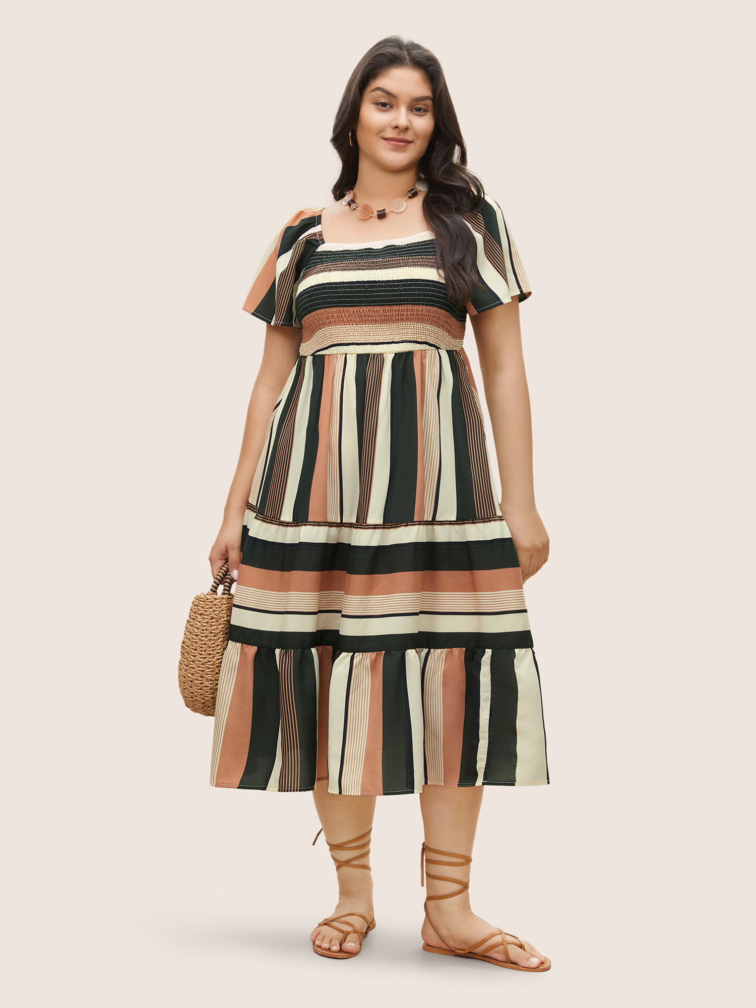 

Plus Size Patchwork Striped Shirred Pocket Dress Green Women Resort Non Square Neck Short sleeve Curvy Midi Dress BloomChic