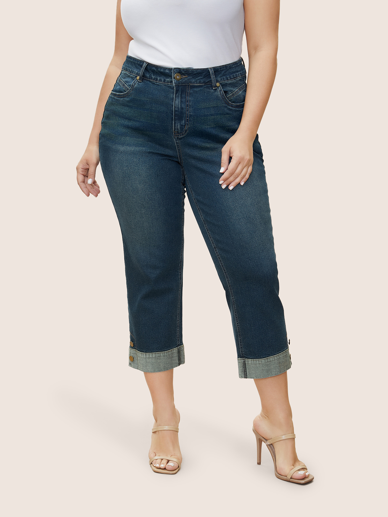 

Plus Size Straight Leg Patchwork Hem Metal Button Detail Jeans Women Aegean Casual Plain Non High stretch Slanted pocket Jeans BloomChic