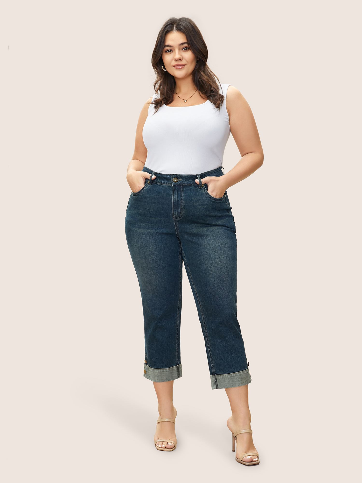 Plus Size Straight Leg Patchwork Hem Metal Button Detail Jeans Women Aegean Casual Plain Non High stretch Slanted pocket Jeans BloomChic 20/2X 