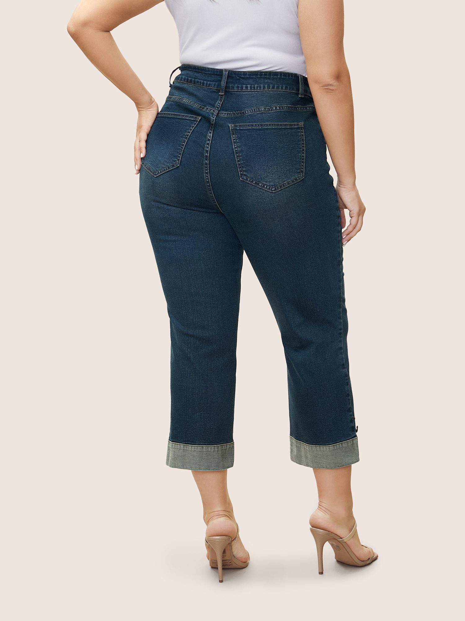 Plus Size Straight Leg Patchwork Hem Metal Button Detail Jeans Women Aegean Casual Plain Non High stretch Slanted pocket Jeans BloomChic 20/2X 