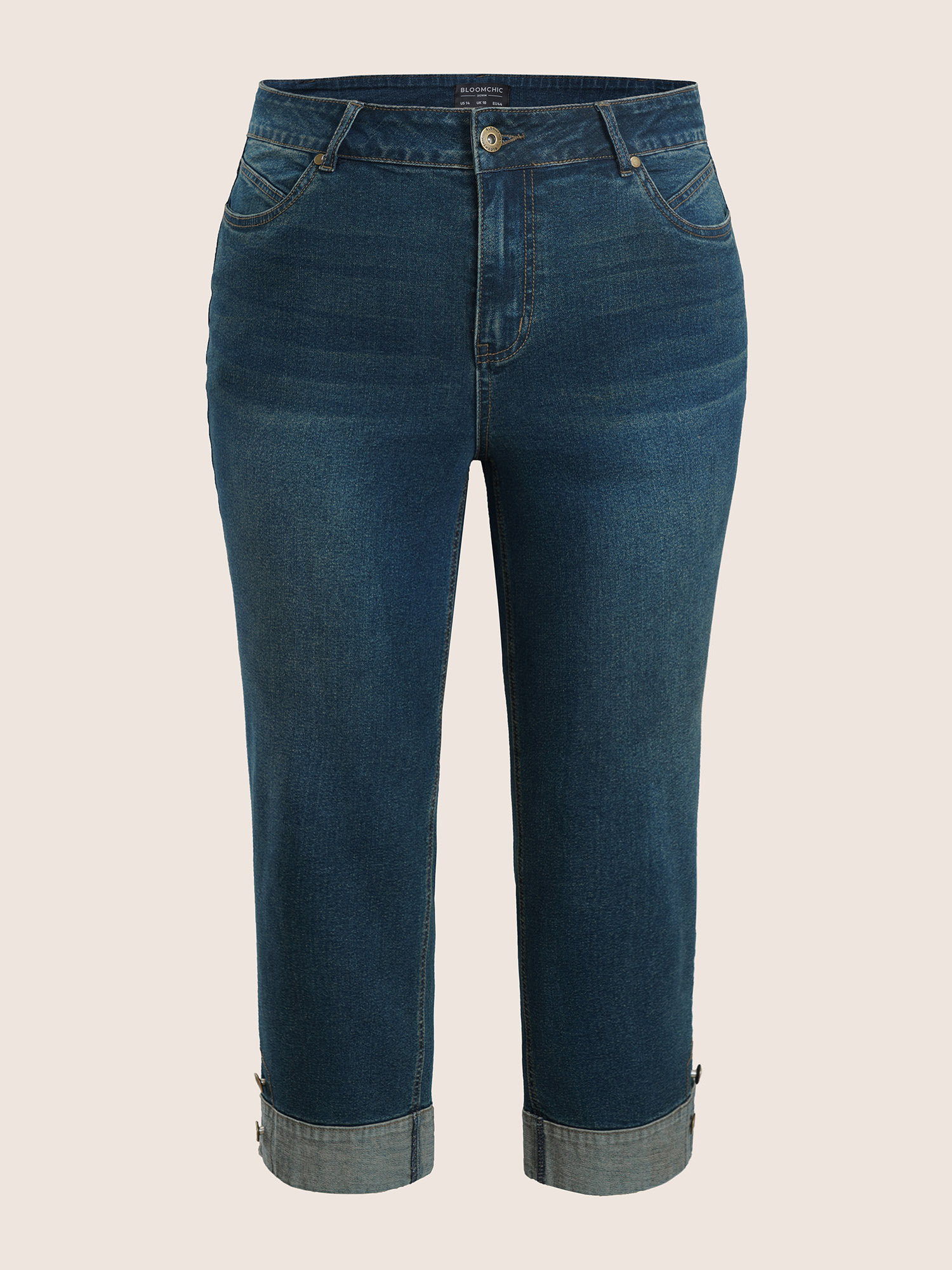 Plus Size Straight Leg Patchwork Hem Metal Button Detail Jeans Women Aegean Casual Plain Non High stretch Slanted pocket Jeans BloomChic 20/2X 