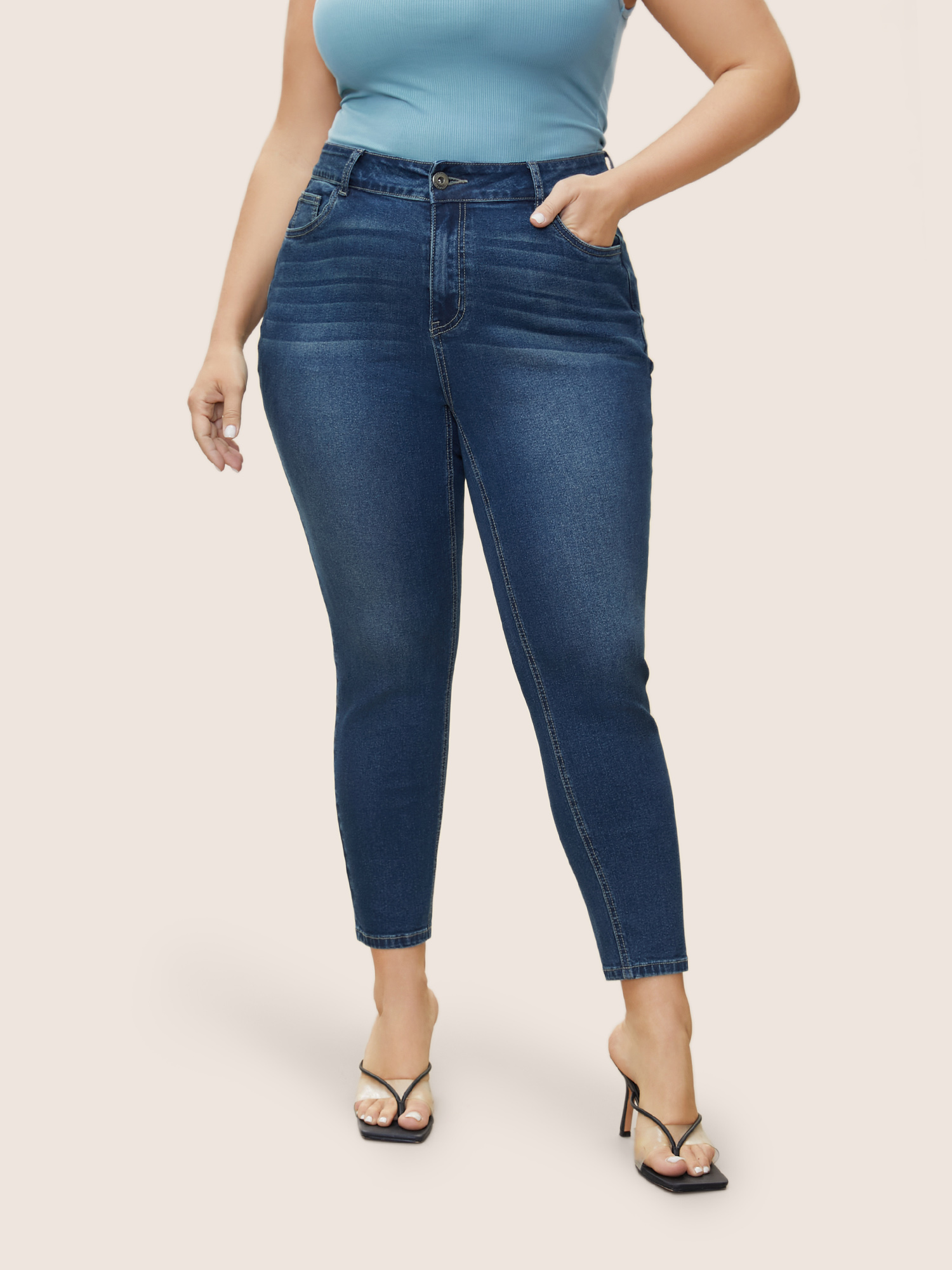 Plus Size Plain Pocket Embroidered Skinny Jeans Women Indigo Casual Plain Non High stretch Slanted pocket Jeans BloomChic 14/1X 