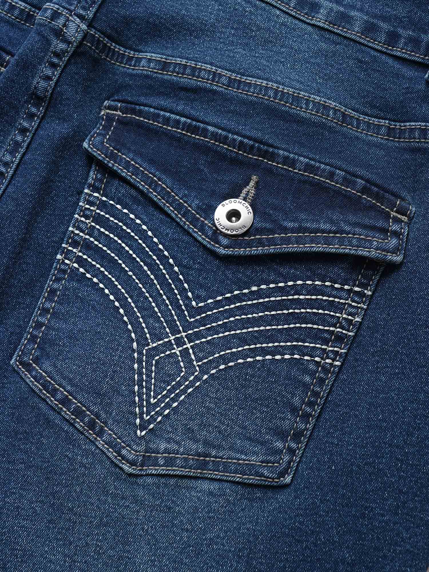 Plus Size Plain Pocket Embroidered Skinny Jeans Women Indigo Casual Plain Non High stretch Slanted pocket Jeans BloomChic 14/1X 