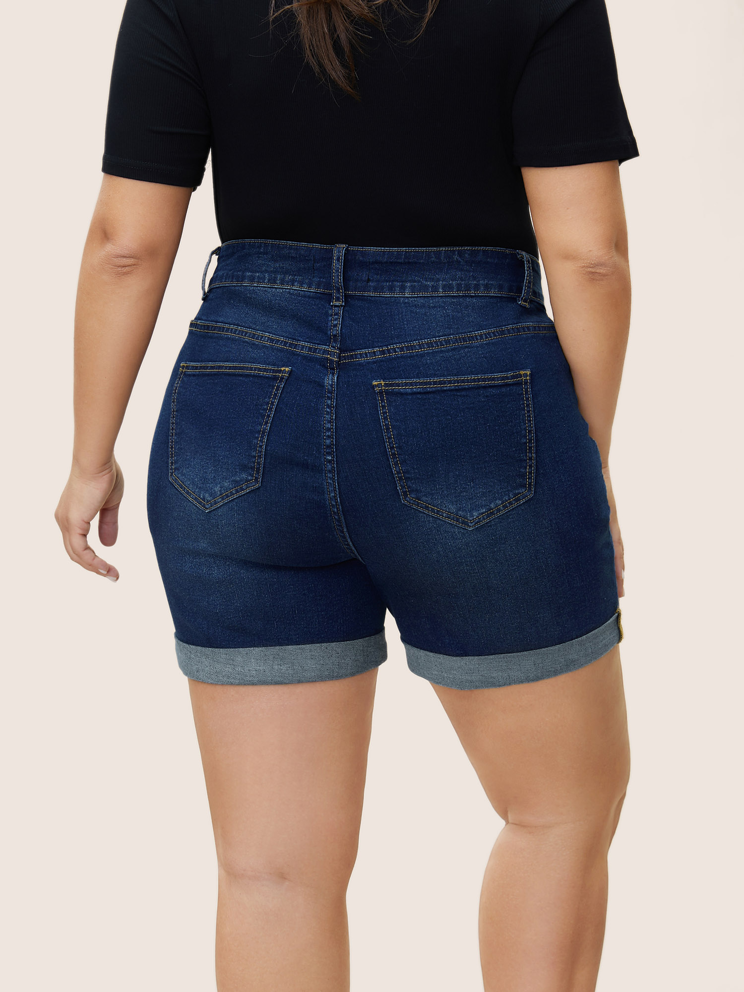 Plus Size Roll Hem Pocket Bodycon Denim Shorts Women Navy Roll Hem High stretch Everyday Slanted pocket Casual Denim Shorts BloomChic 16/1X 