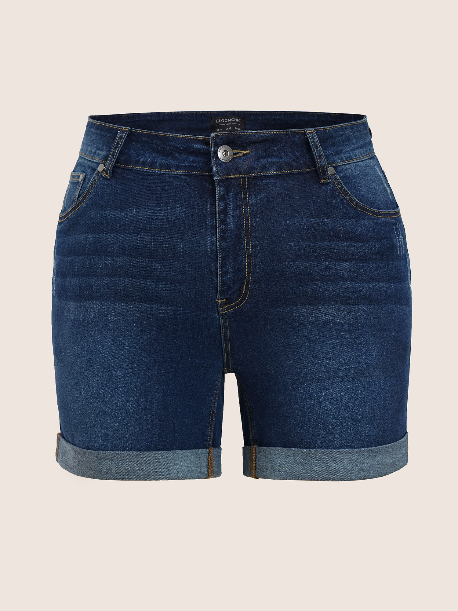 Plus Size Roll Hem Pocket Bodycon Denim Shorts Women Navy Roll Hem High stretch Everyday Slanted pocket Casual Denim Shorts BloomChic 16/1X 