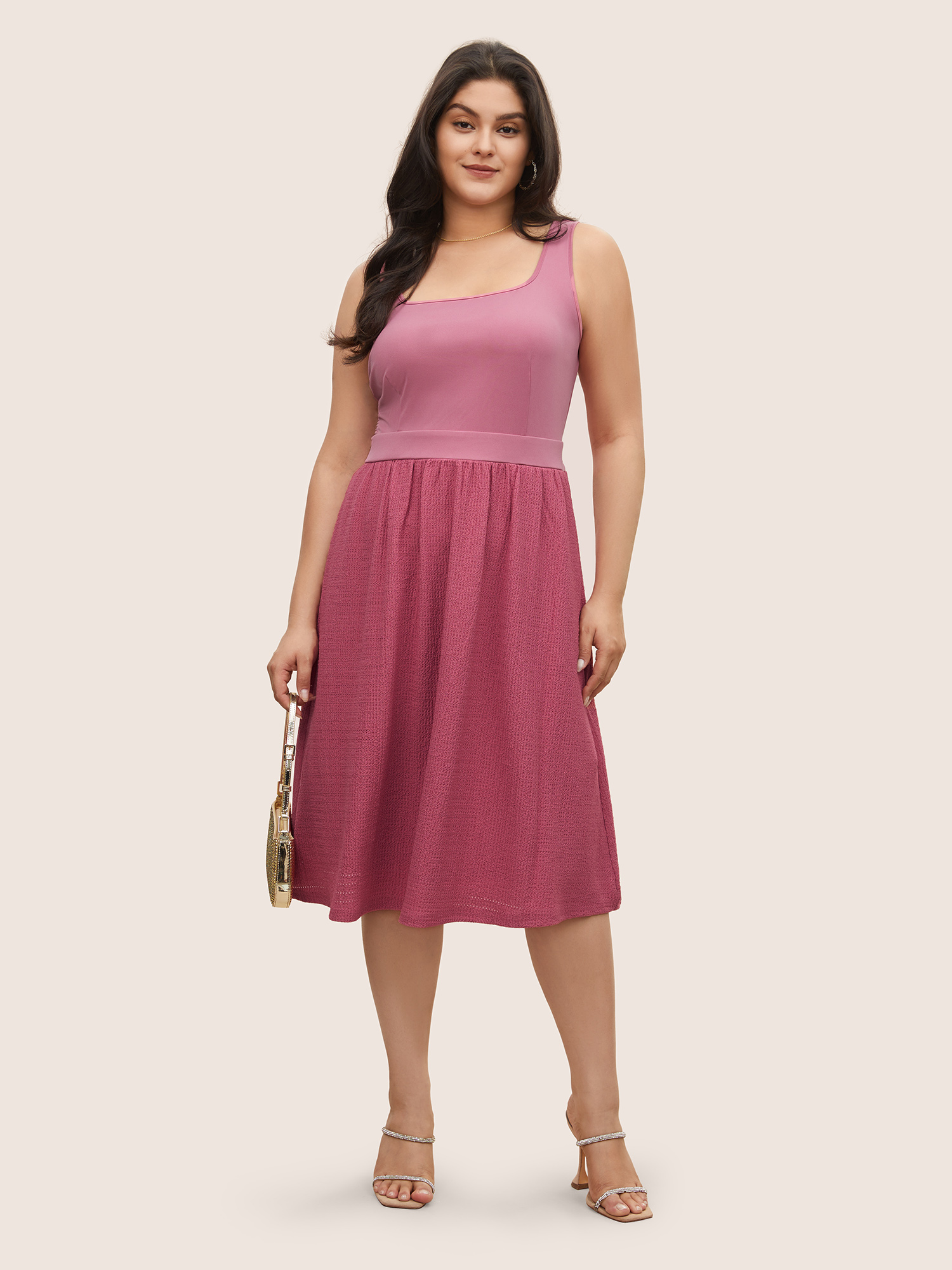 

Plus Size Plisse Contrast Patchwork Shirred Back Tank Dress Pink Women Elegant Non Square Neck Sleeveless Curvy Midi Dress BloomChic