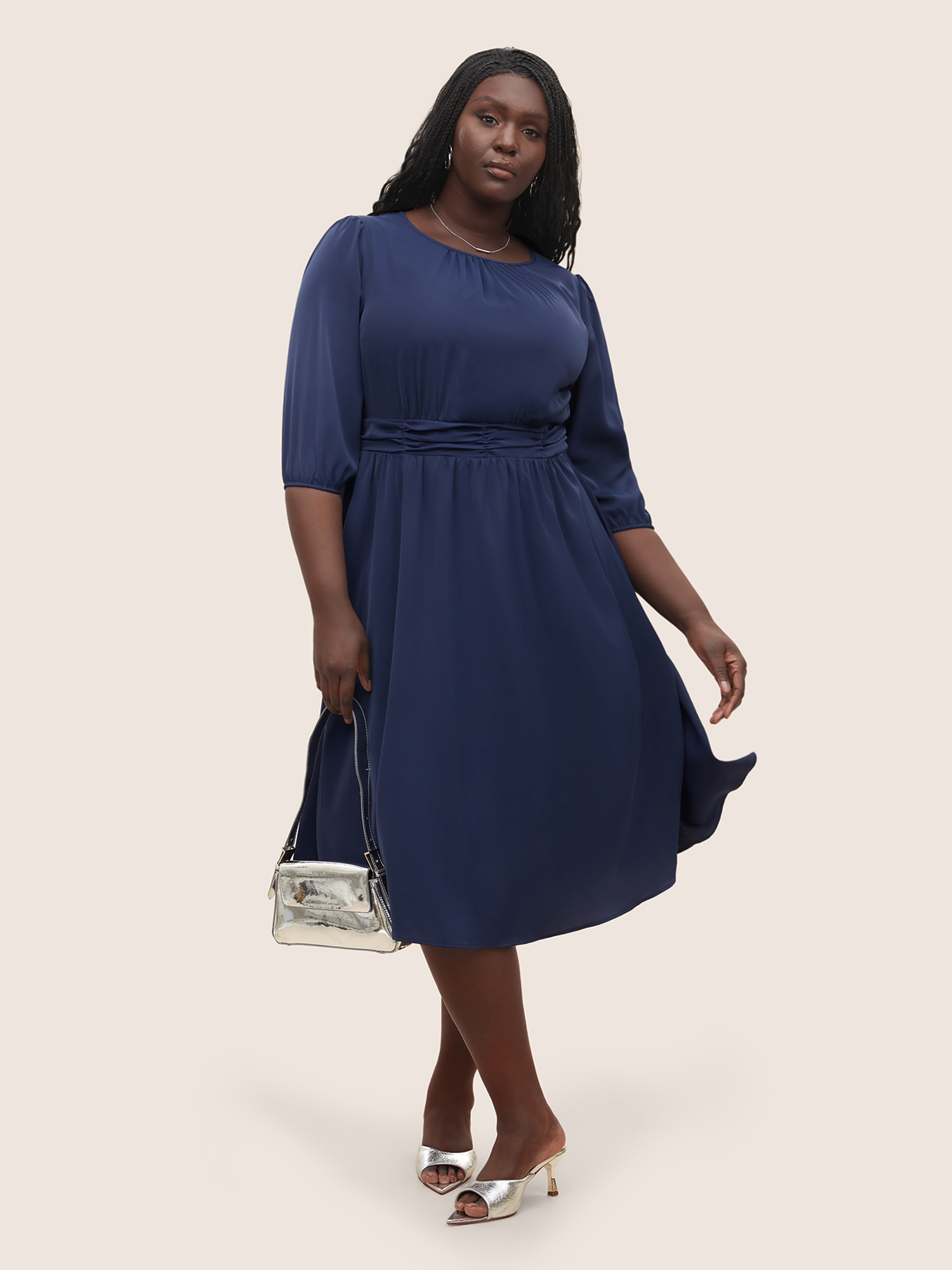 

Plus Size Solid Elastic Waist Ruched Dress DarkBlue Women At the Office Non Round Neck Elbow-length sleeve Curvy Midi Dress BloomChic