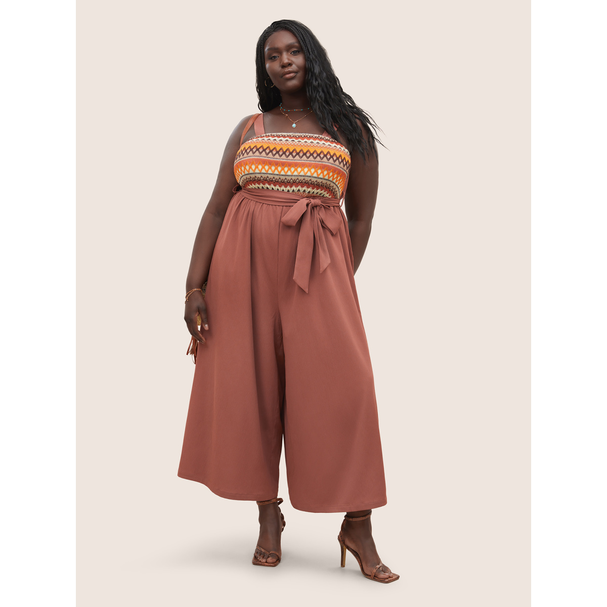 

Plus Size Rust Geometric Embroidered Contrast Belted Wide Leg Jumpsuit Women Resort Non Vacation Loose Jumpsuits BloomChic