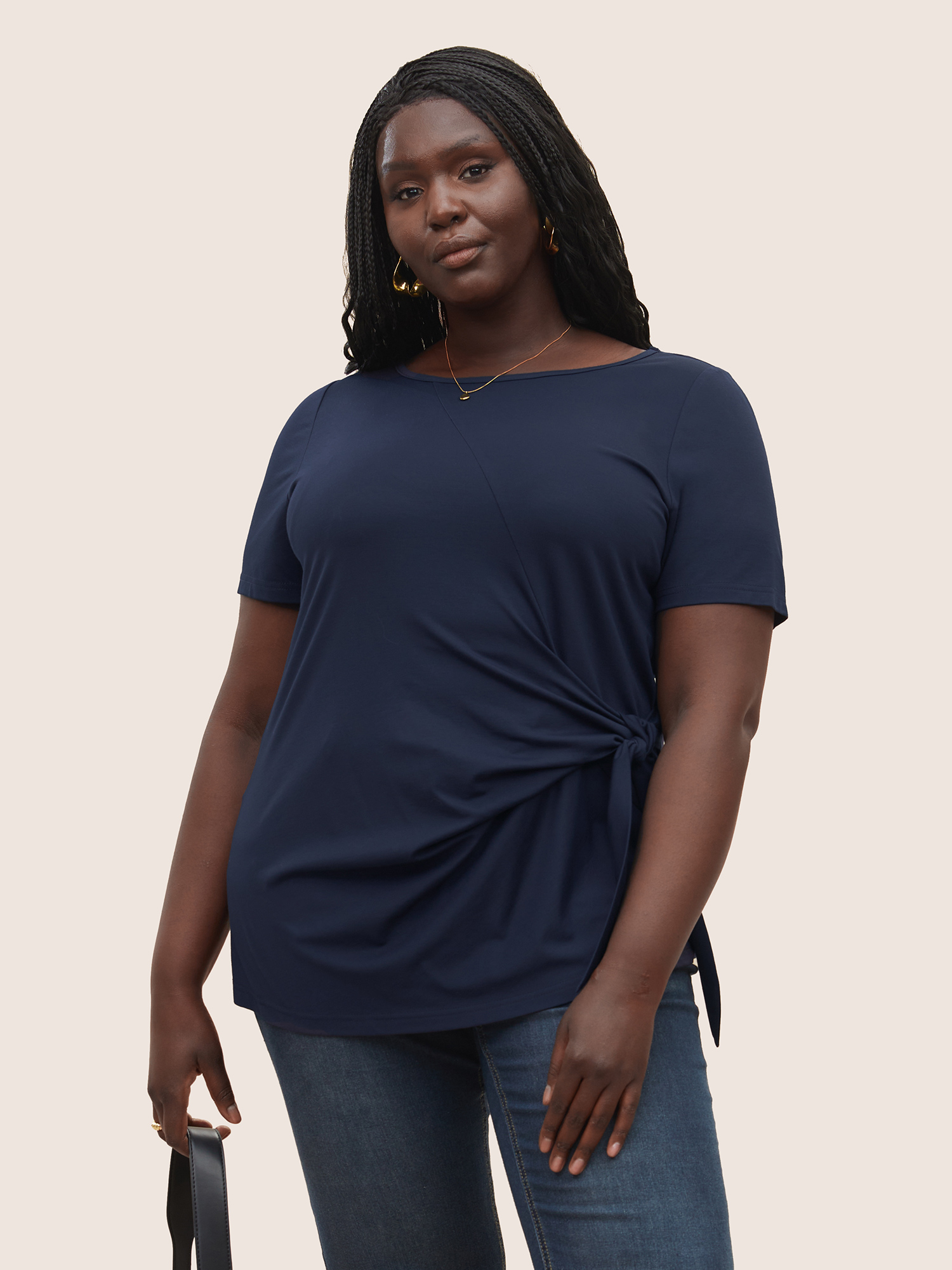 

Plus Size Plain Ties Round Neck T-shirt Midnight Women Elegant Non Plain Round Neck Everyday T-shirts BloomChic