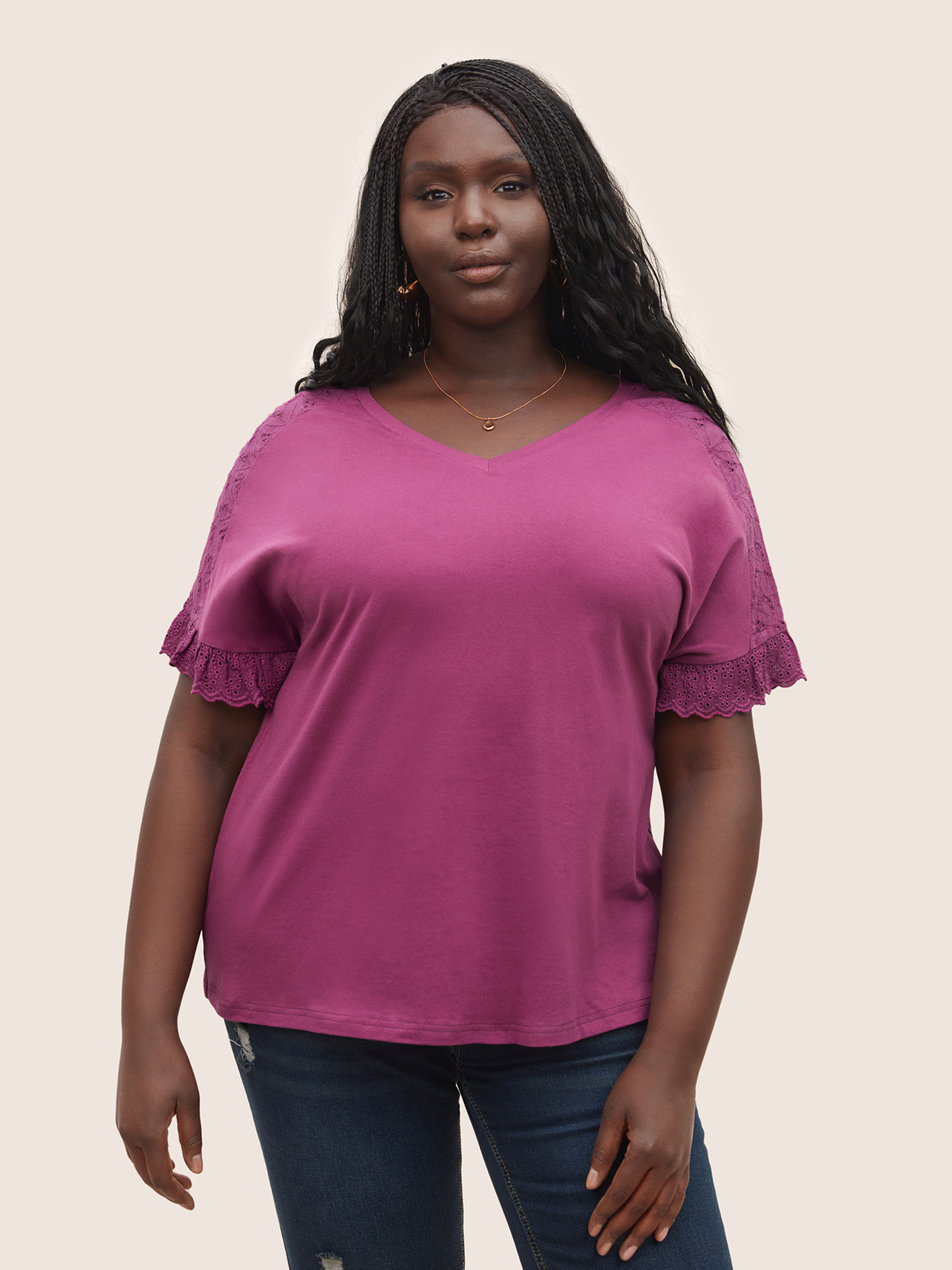 

Plus Size Solid Broderie anglaise Patchwork Dolman Sleeve T-shirt RedViolet Women Resort Non Plain V-neck Vacation T-shirts BloomChic