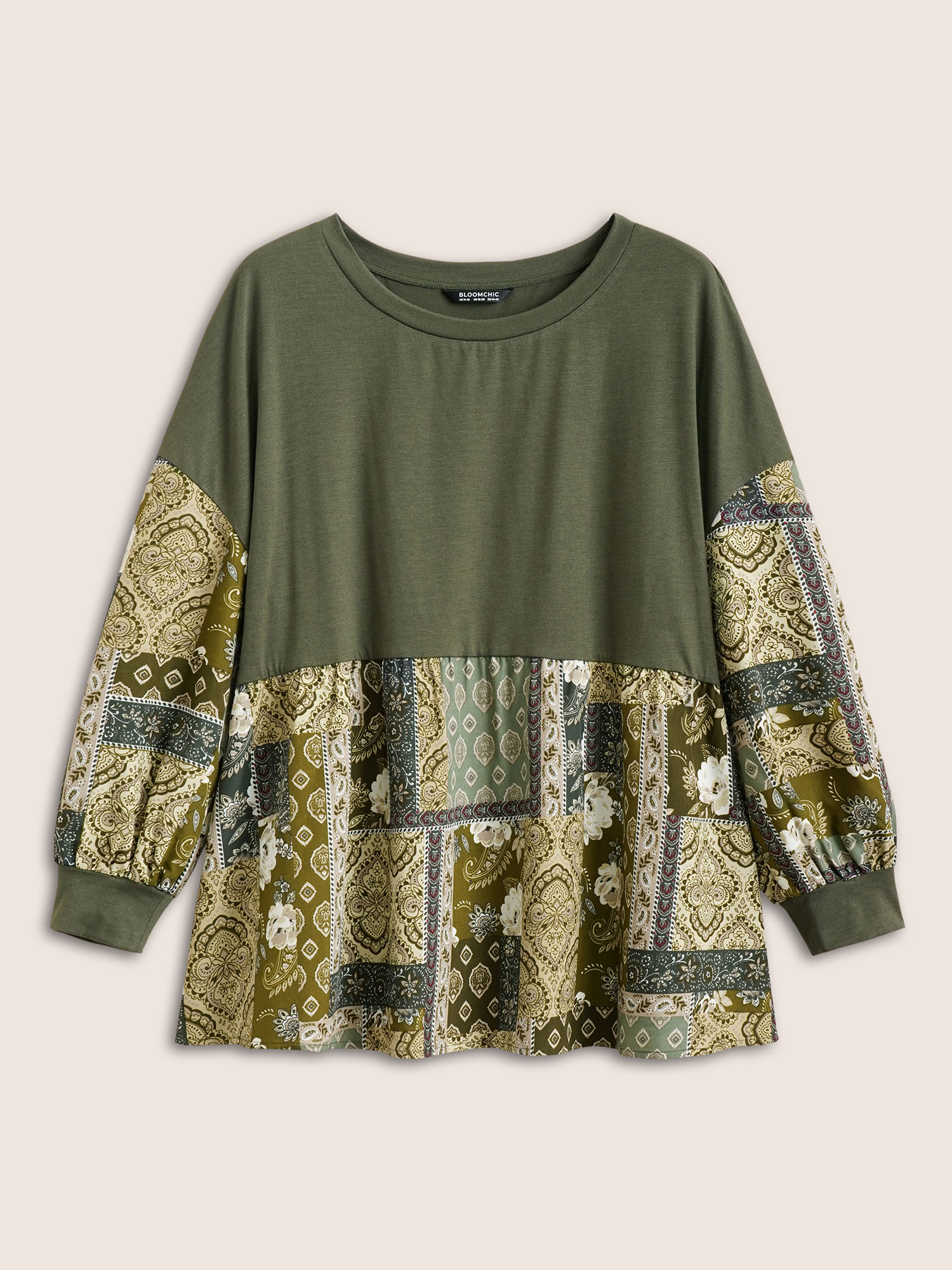 

Plus Size Boho Print Patchwork Lantern Sleeve T-shirt ArmyGreen Round Neck Long Sleeve Resort Jersey Tops