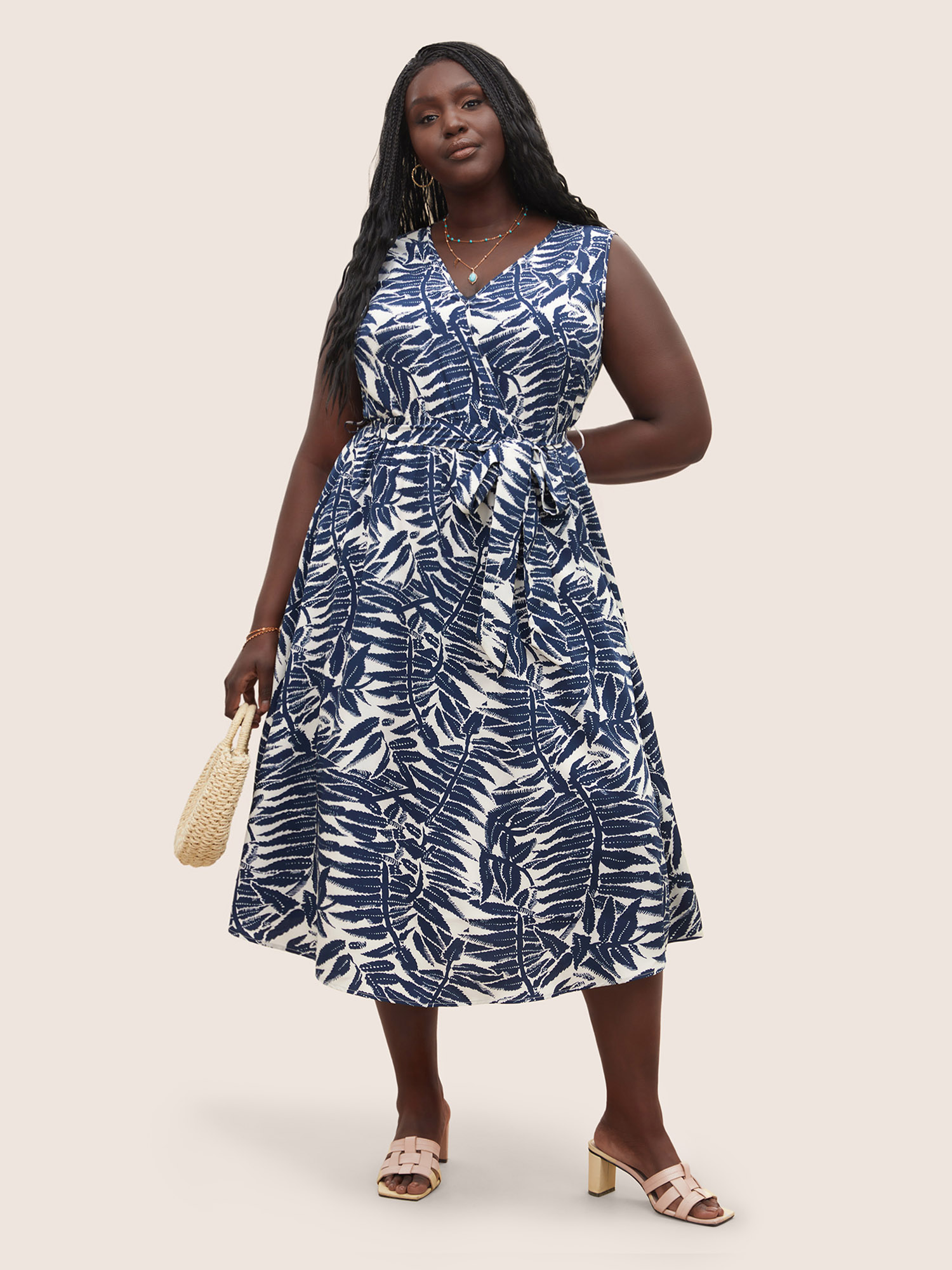 

Plus Size Plants Wrap Pocket Sleeveless Belted Dress DarkBlue Women Resort Non Overlap Collar Sleeveless Curvy Midi Dress BloomChic