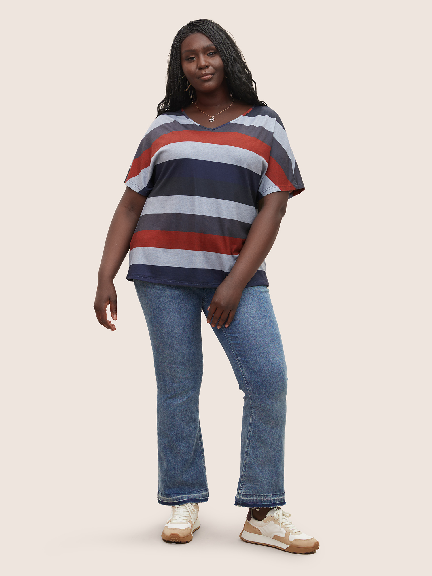 Plus Size Contrast Striped Dolman Sleeve T-shirt Multicolor Women Casual Striped V-neck Everyday T-shirts BloomChic 28/5X 