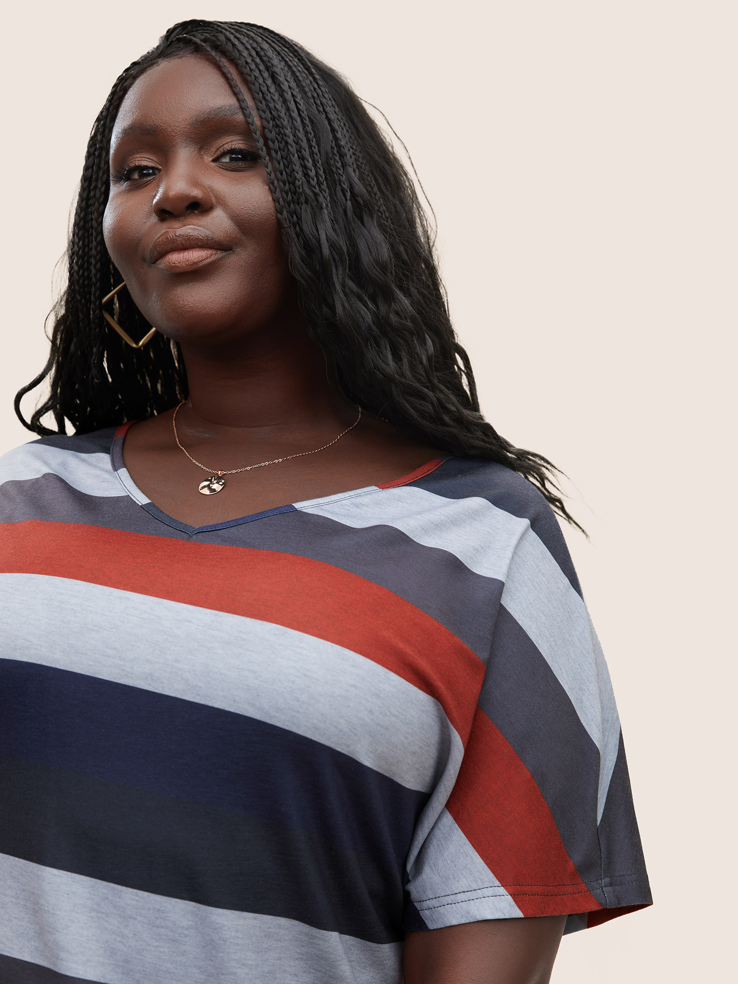 Plus Size Contrast Striped Dolman Sleeve T-shirt Multicolor Women Casual Striped V-neck Everyday T-shirts BloomChic 28/5X 
